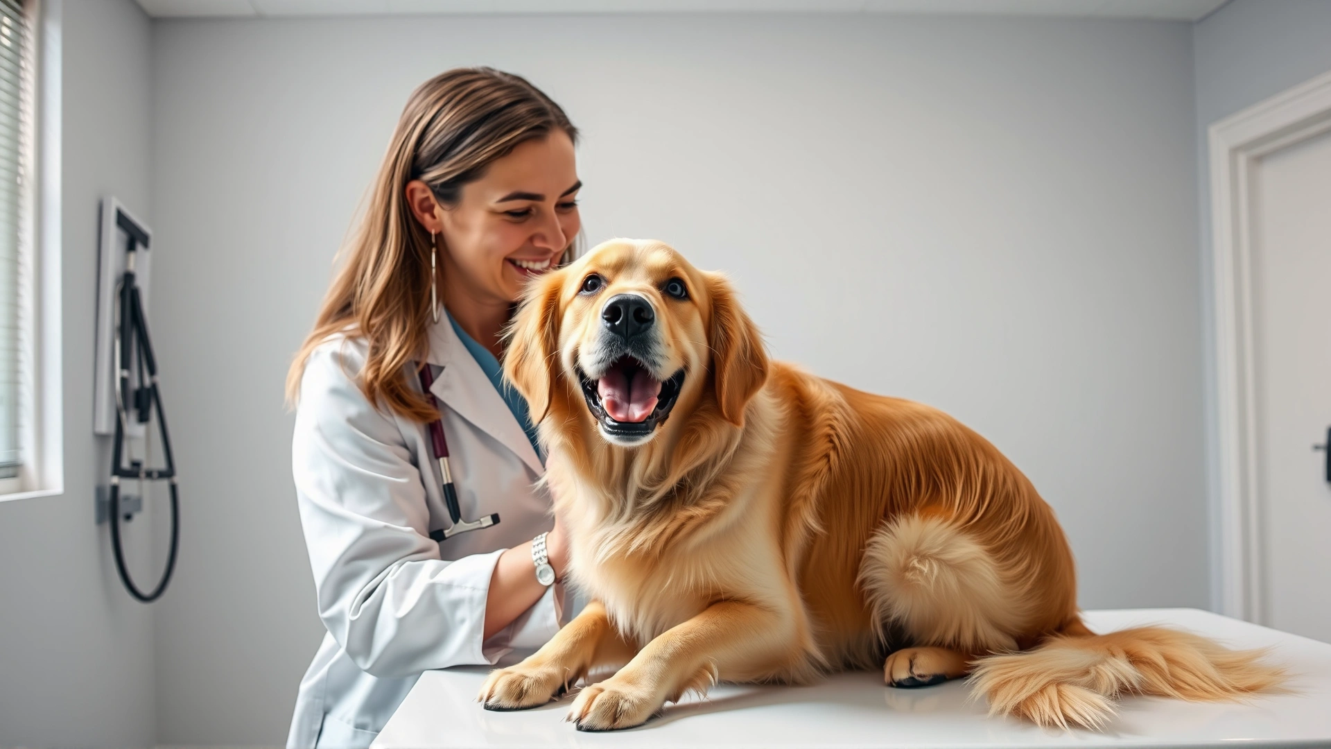 Friendly veterinarian in a white coat examining a golden retriever on an exam table with the owner nearby, bright clinic setting.