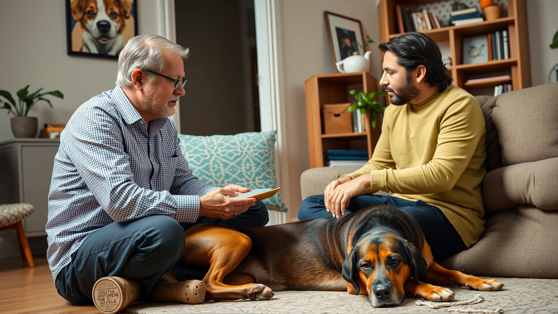 Professional canine behaviorist consulting with a dog owner in a home setting, dog lying calmly nearby