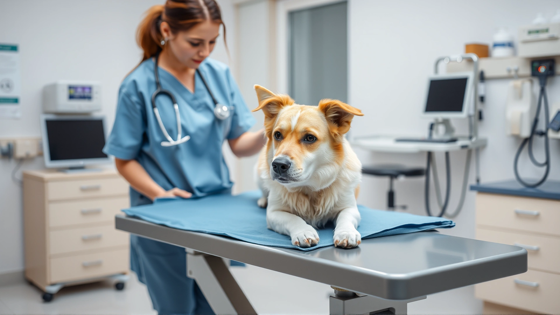 Veterinarian gently examining a calm dog on an examination table in a clean clinic room, medical equipment softly blurred in background
