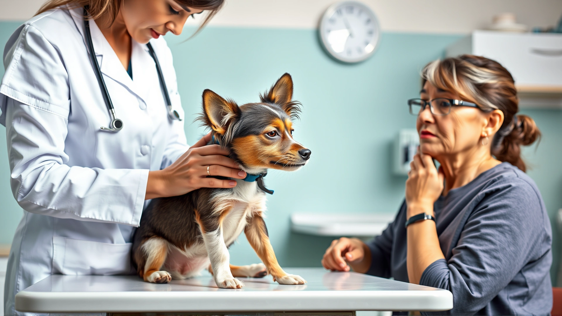 Female veterinarian gently examining a small mixed-breed dog on an exam table while the concerned owner looks on, clinic setting.