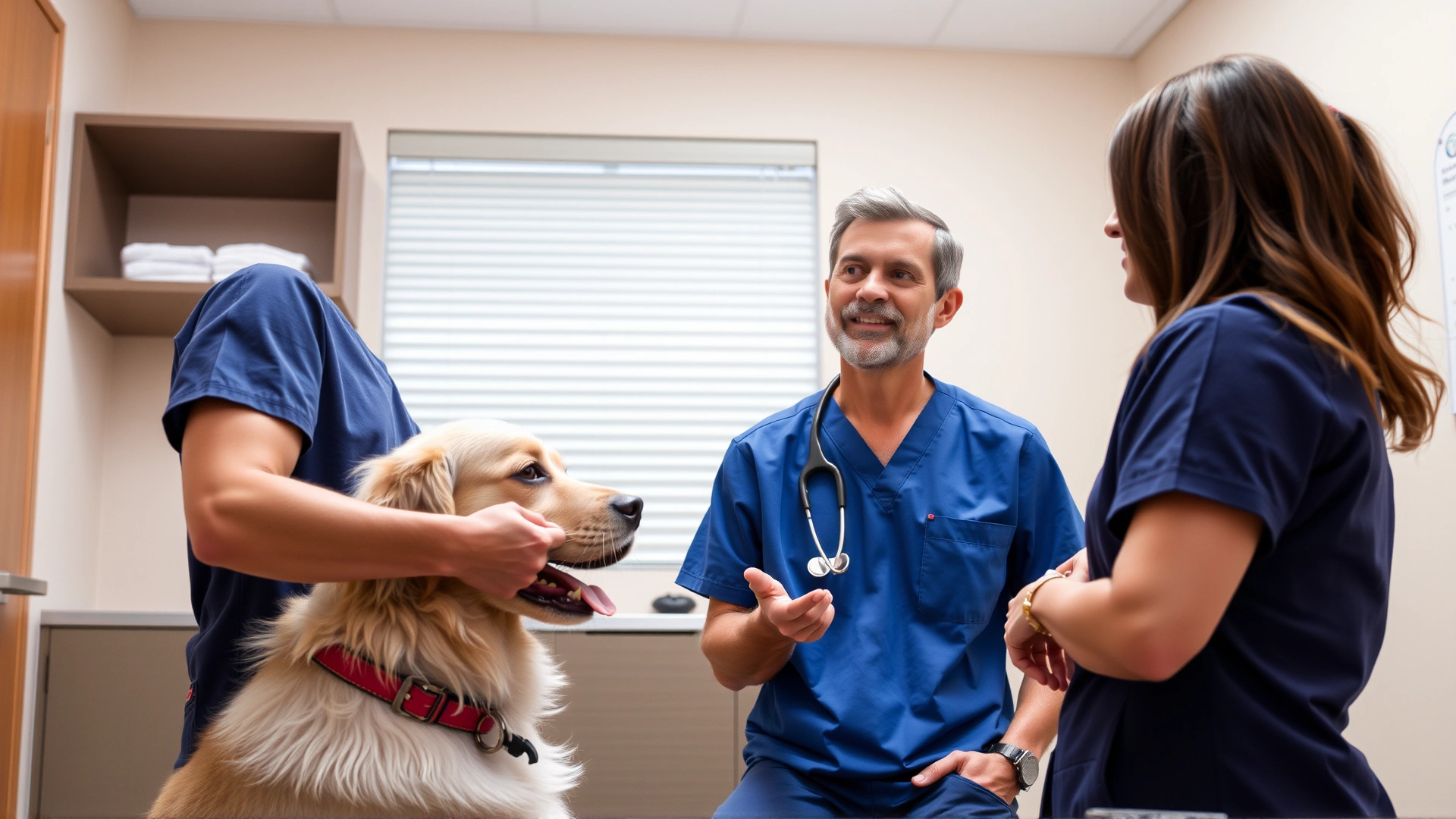 Friendly veterinarian discussing medication options with a dog owner in a clinic exam room.