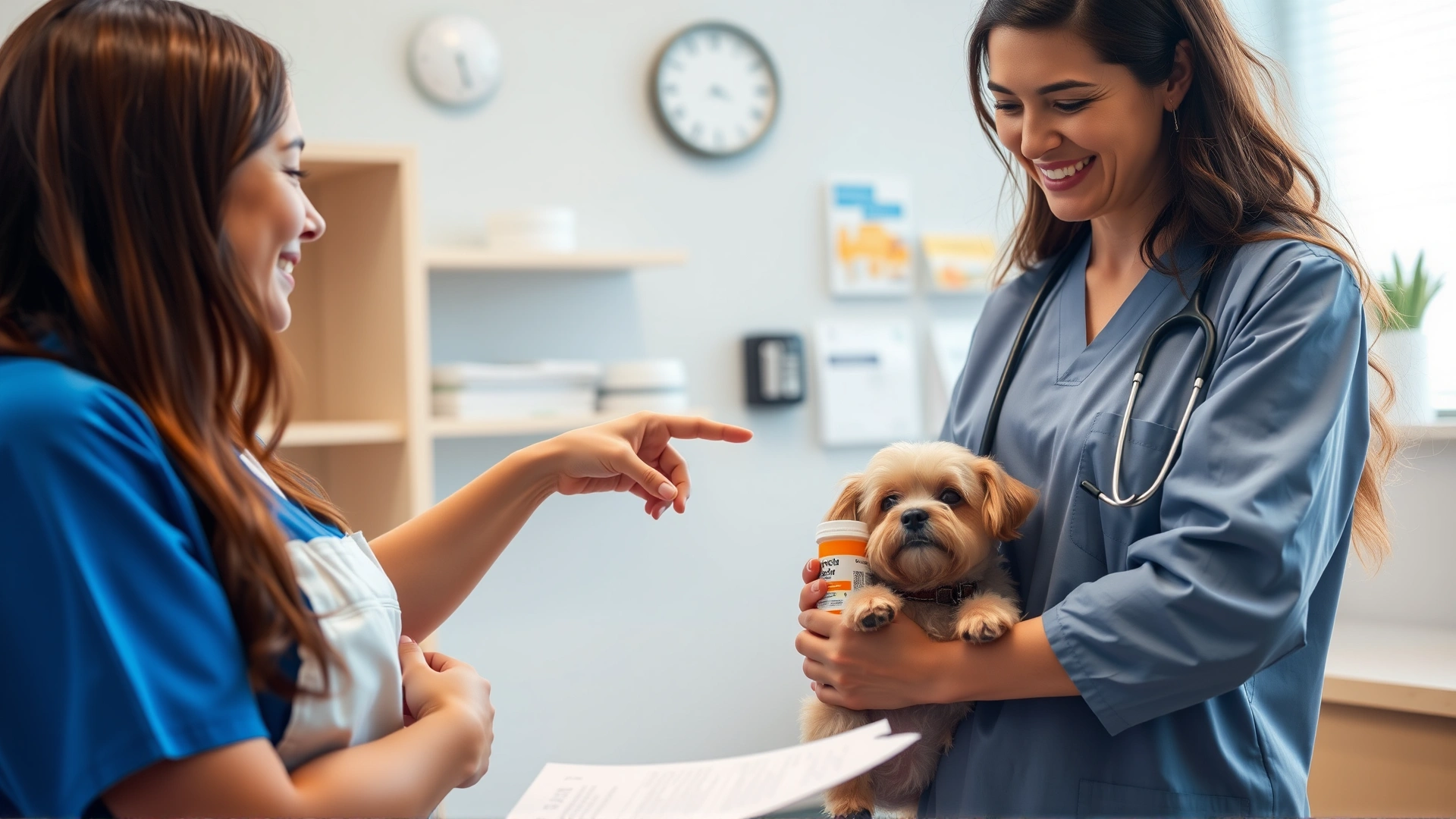 Friendly female veterinarian in a clinic, pointing at a prescription bottle while explaining instructions to a pet owner holding a small dog.