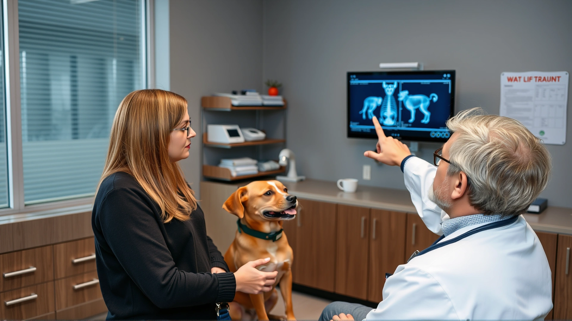 Veterinarian discussing a treatment plan with a concerned pet owner while pointing at X-rays on a screen in a modern clinic.
