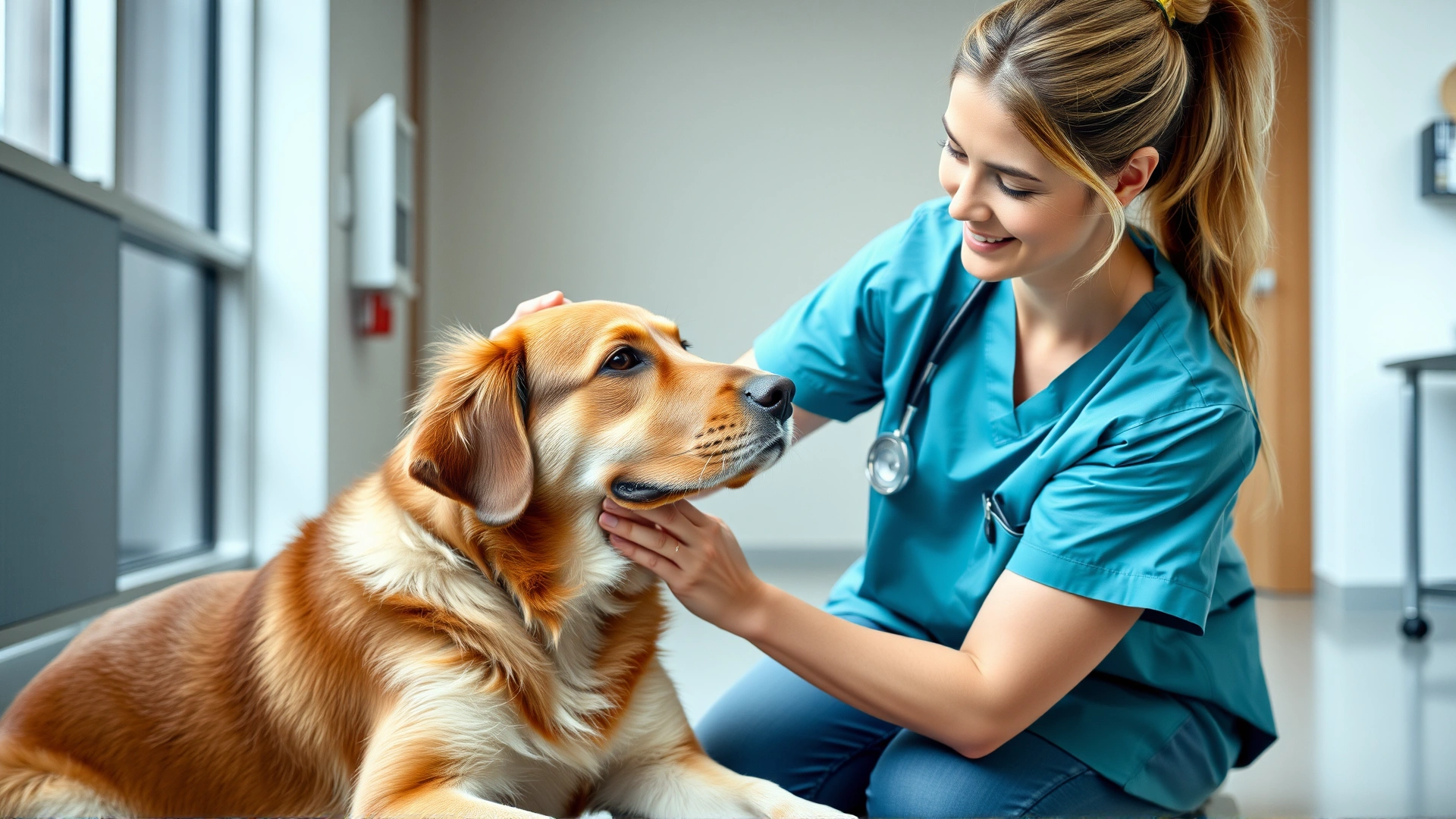 Friendly female veterinarian kneeling beside a calm dog in a modern clinic, gently examining the pet