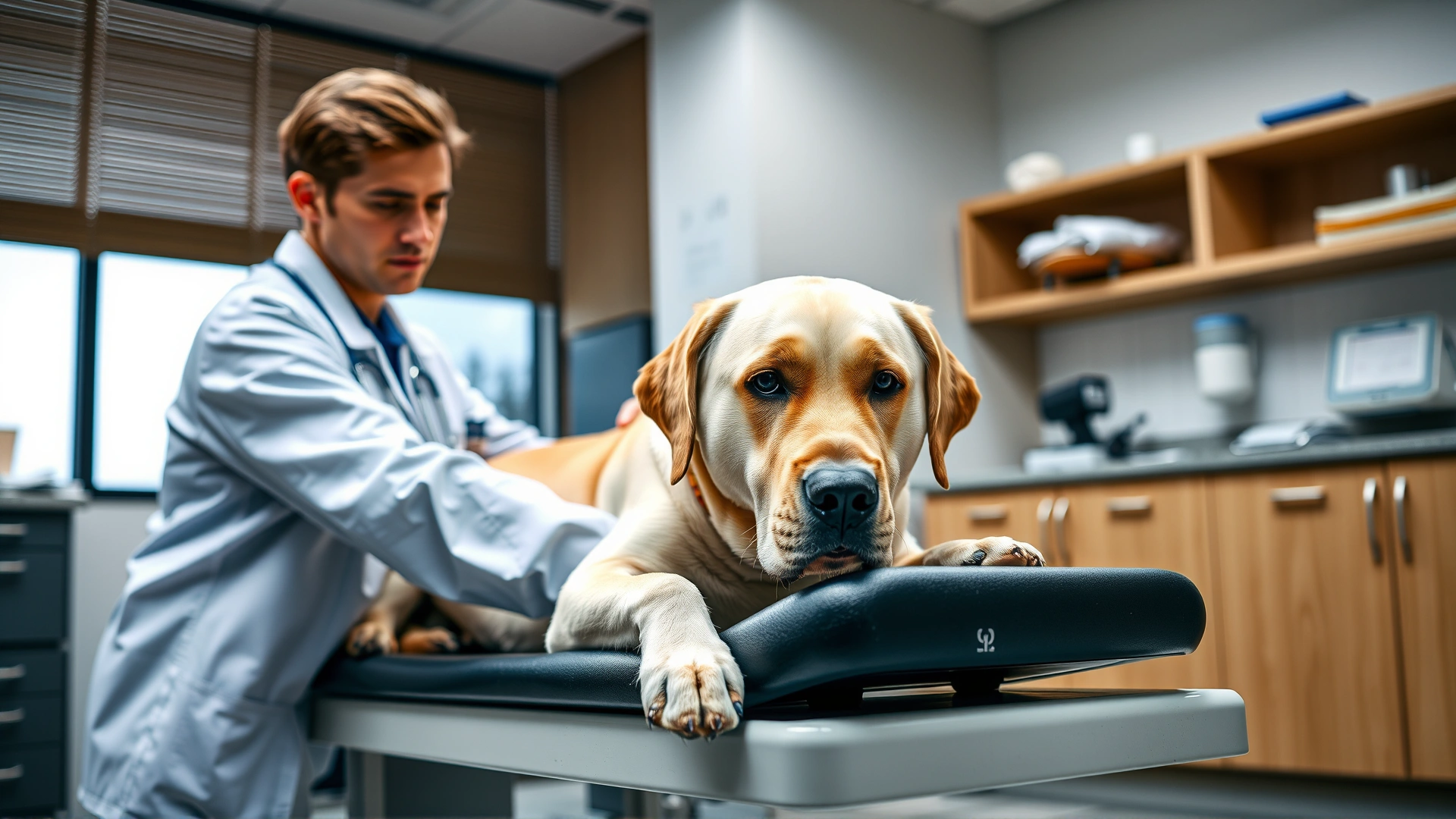 A veterinarian gently examining a calm Labrador on an exam table in a modern veterinary clinic.