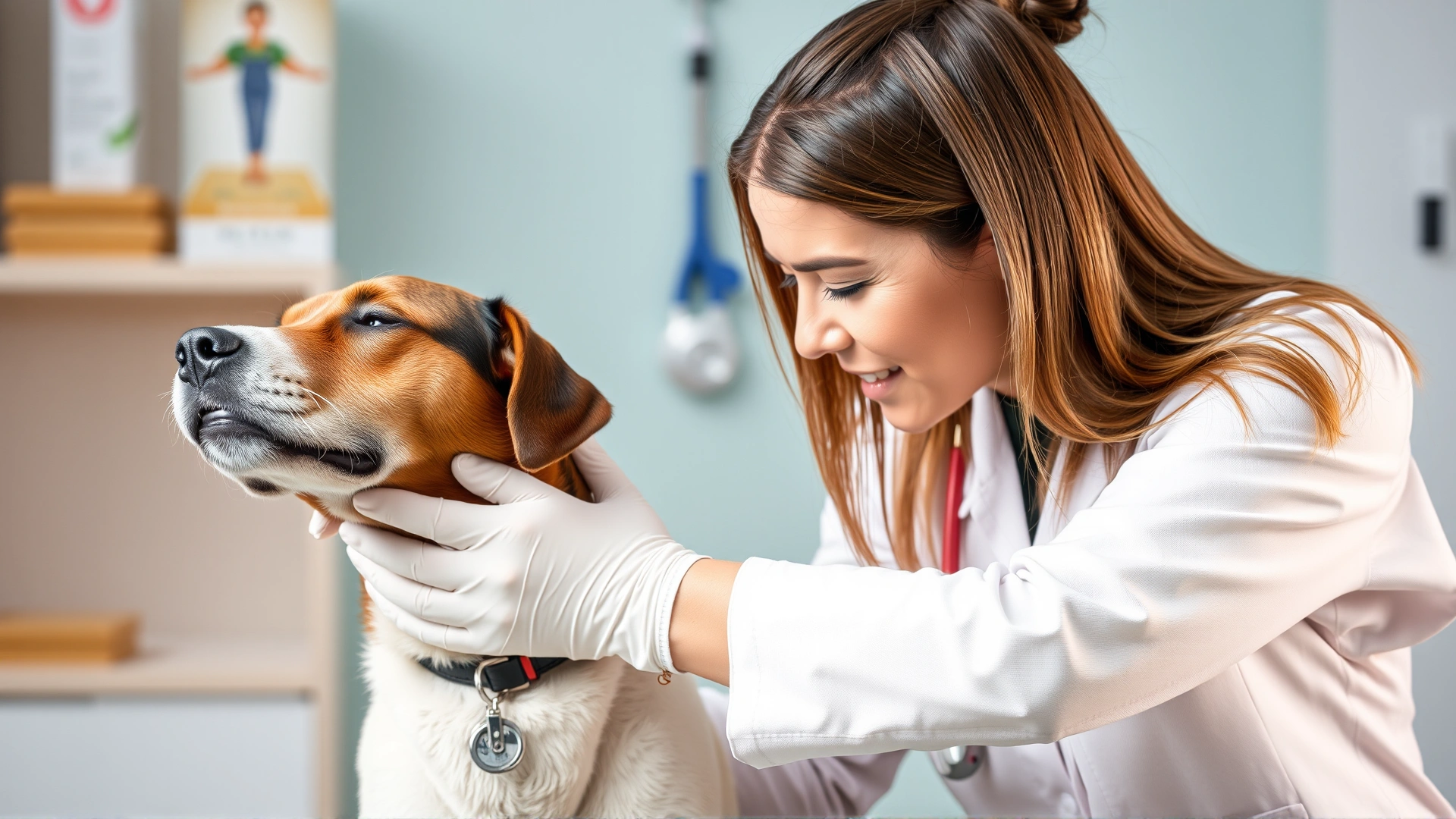 Friendly veterinarian gently examining a relaxed dog in a clinic, conveying professional care