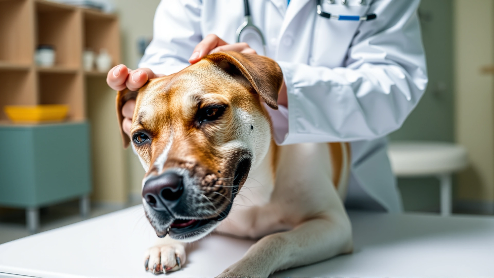 Veterinarian in white coat examining a dog’s mouth in a clinic setting, calm dog on exam table, professional environment