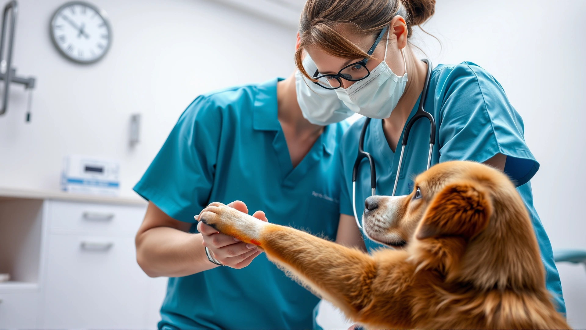 Veterinarian examining a dog's burnt paw pad in a modern clinic, caring atmosphere, medium shot