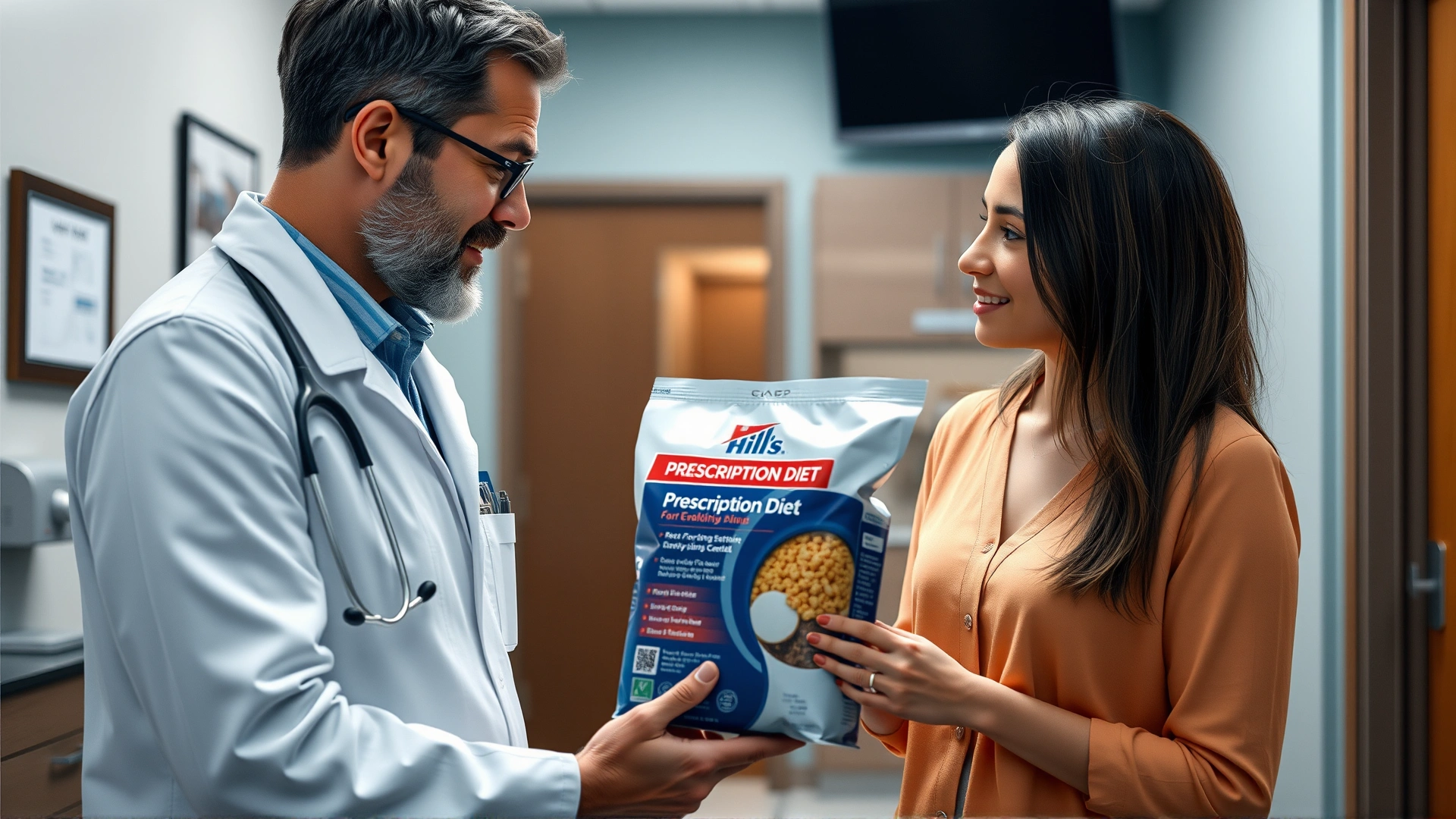 Veterinarian in a white lab coat discussing a Hill's Prescription Diet bag with a dog owner, medium shot inside a modern exam room.