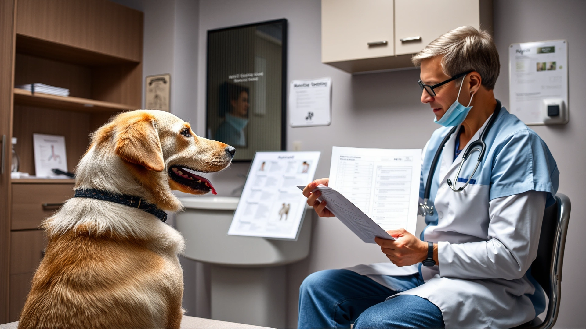 Dog owner sitting with a veterinarian in a consultation room discussing the dog's medical chart, emphasizing pre-surgery preparation.