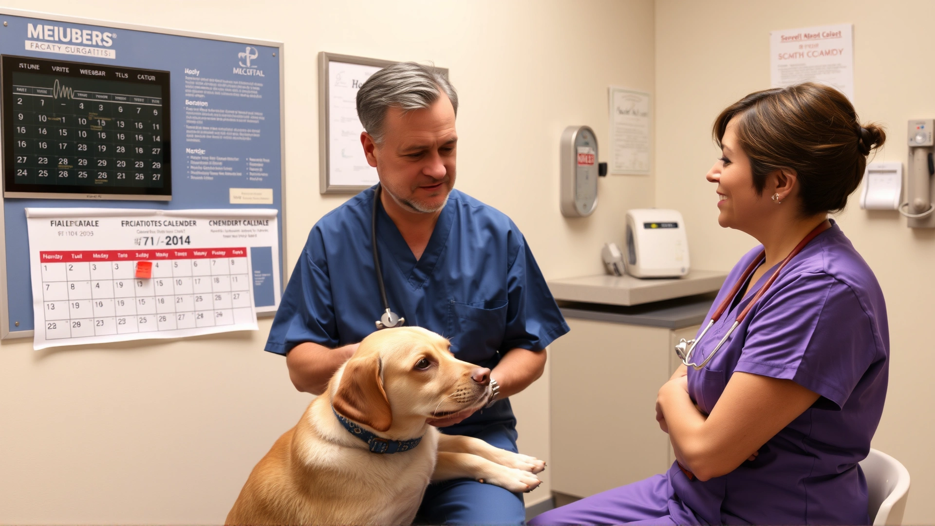 A dog owner discussing spay surgery details with a veterinarian in a clinic office, pointing at a calendar on the wall.
