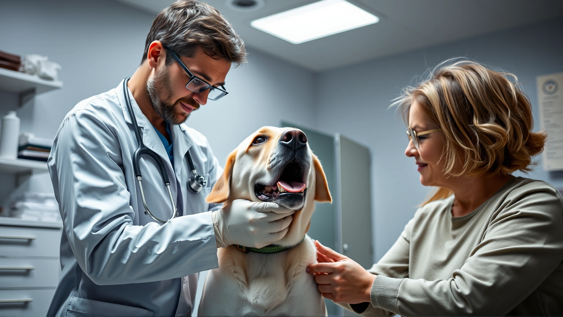 Veterinarian examining a Labrador retriever in a well-lit clinic while the owner watches attentively