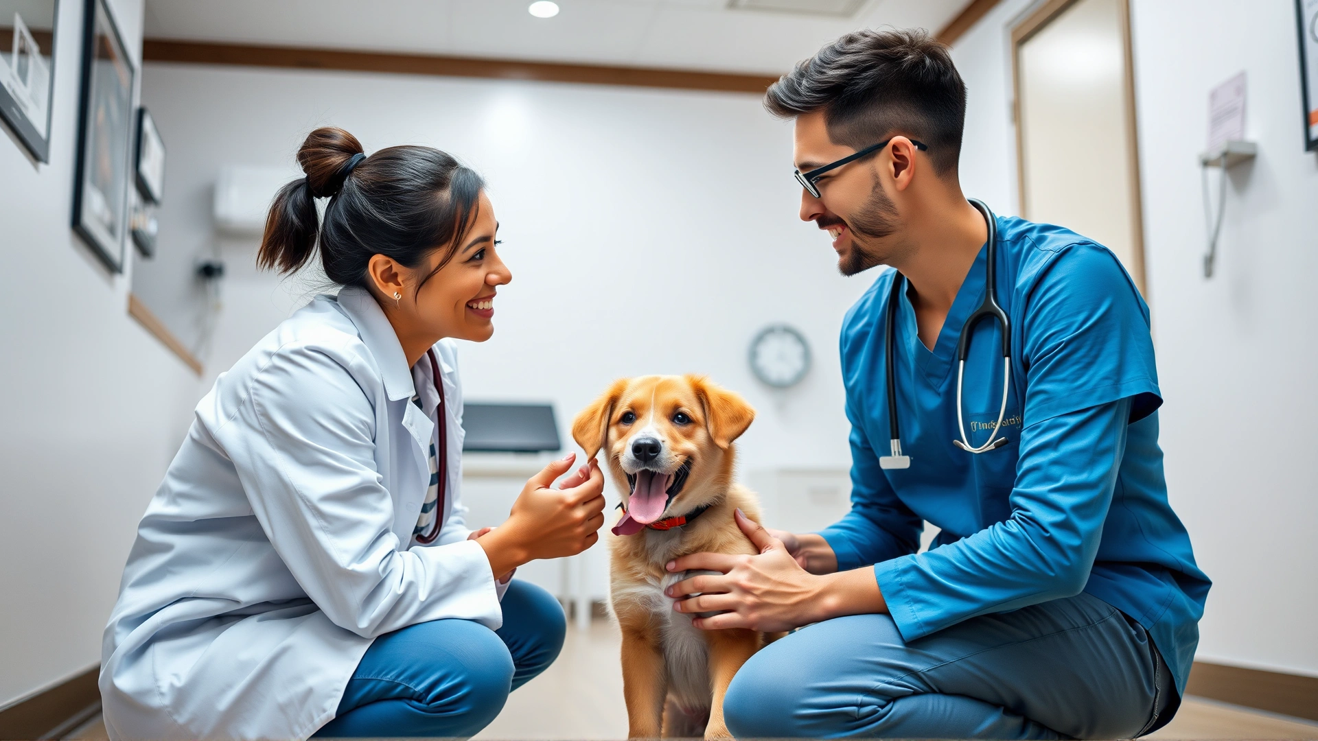 Veterinarian crouching next to a happy puppy while talking to the pet owner in a modern vet office, showing friendly consultation.