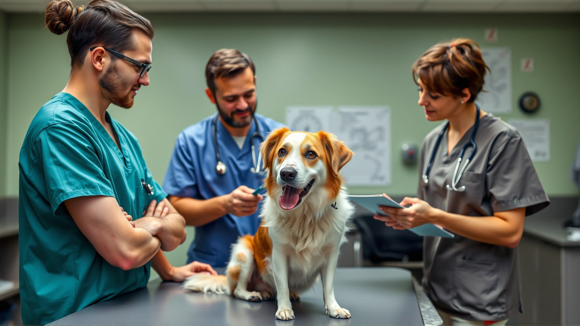 Owner and veterinarian discussing a dog's medical chart while the dog sits on an examination table; conveys professional care.