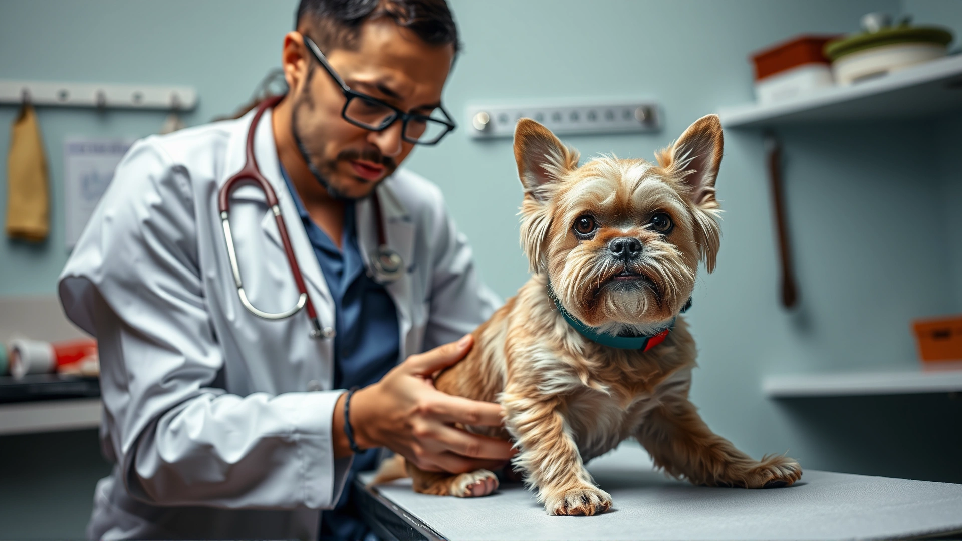 A veterinarian gently examining a small dog on an examination table, with the pet owner looking relieved.
