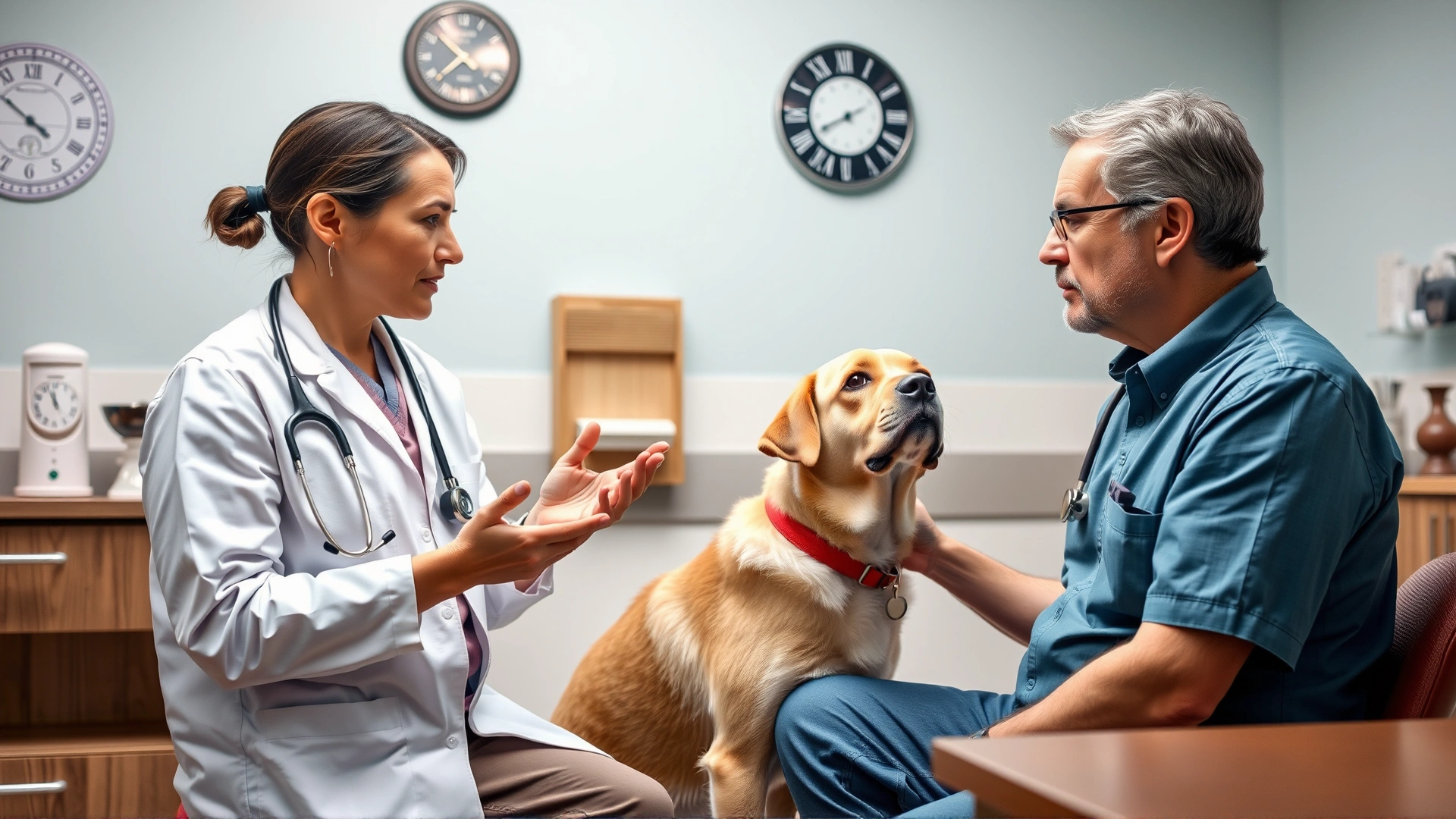 Veterinarian in a clinic setting speaking to a pet owner while examining a calm dog, emphasizing professional guidance.