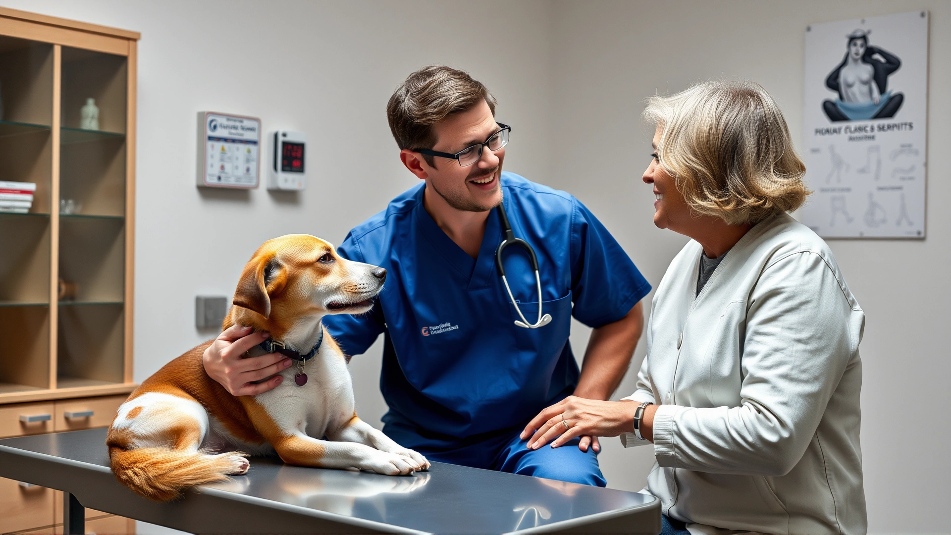 Friendly veterinarian kneeling next to a dog on an examination table while speaking reassuringly to the owner.