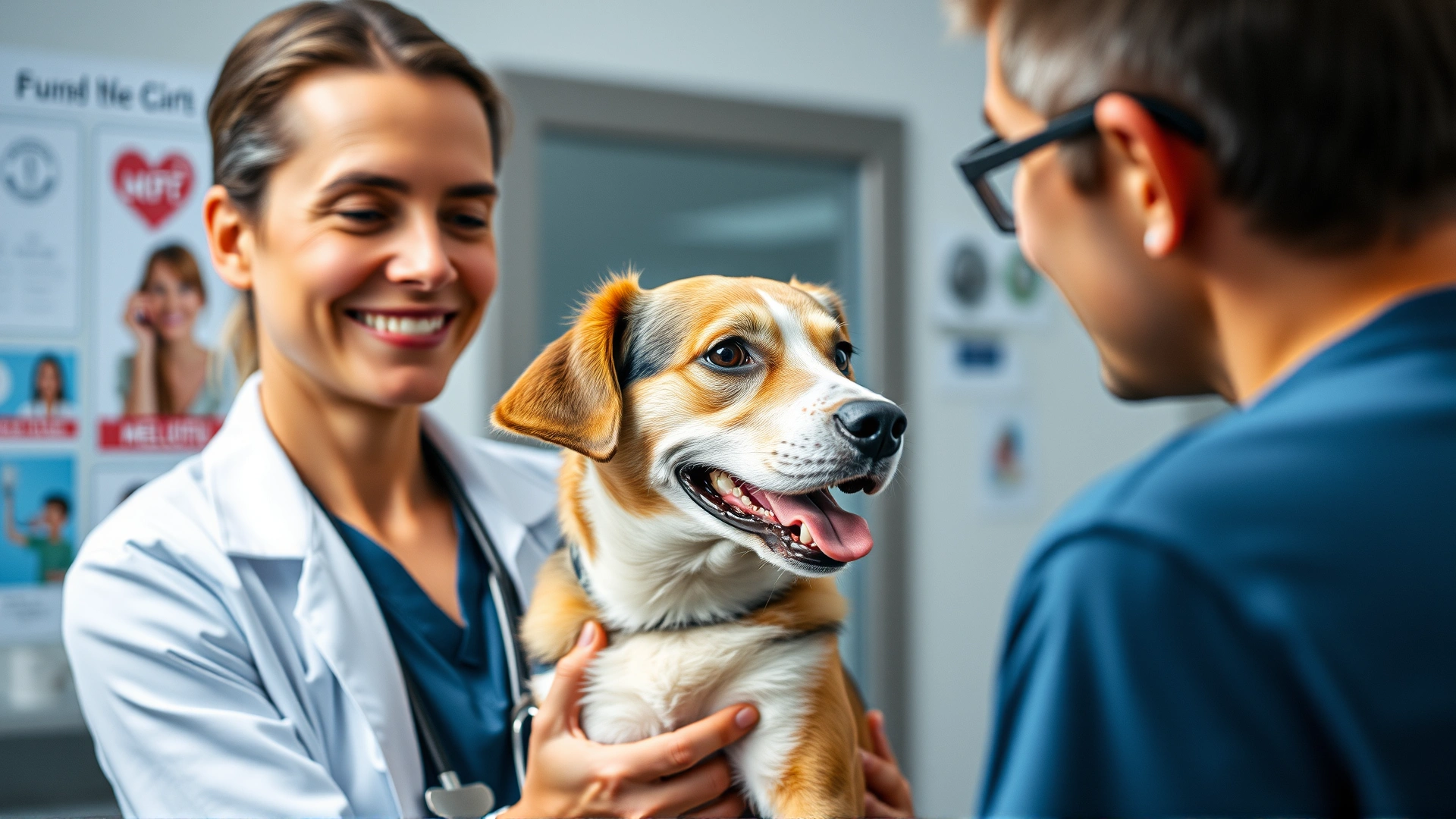 Friendly veterinarian in a clinic setting gently holding a dog while talking to its owner, both human faces partially visible, medical posters blurred in background.