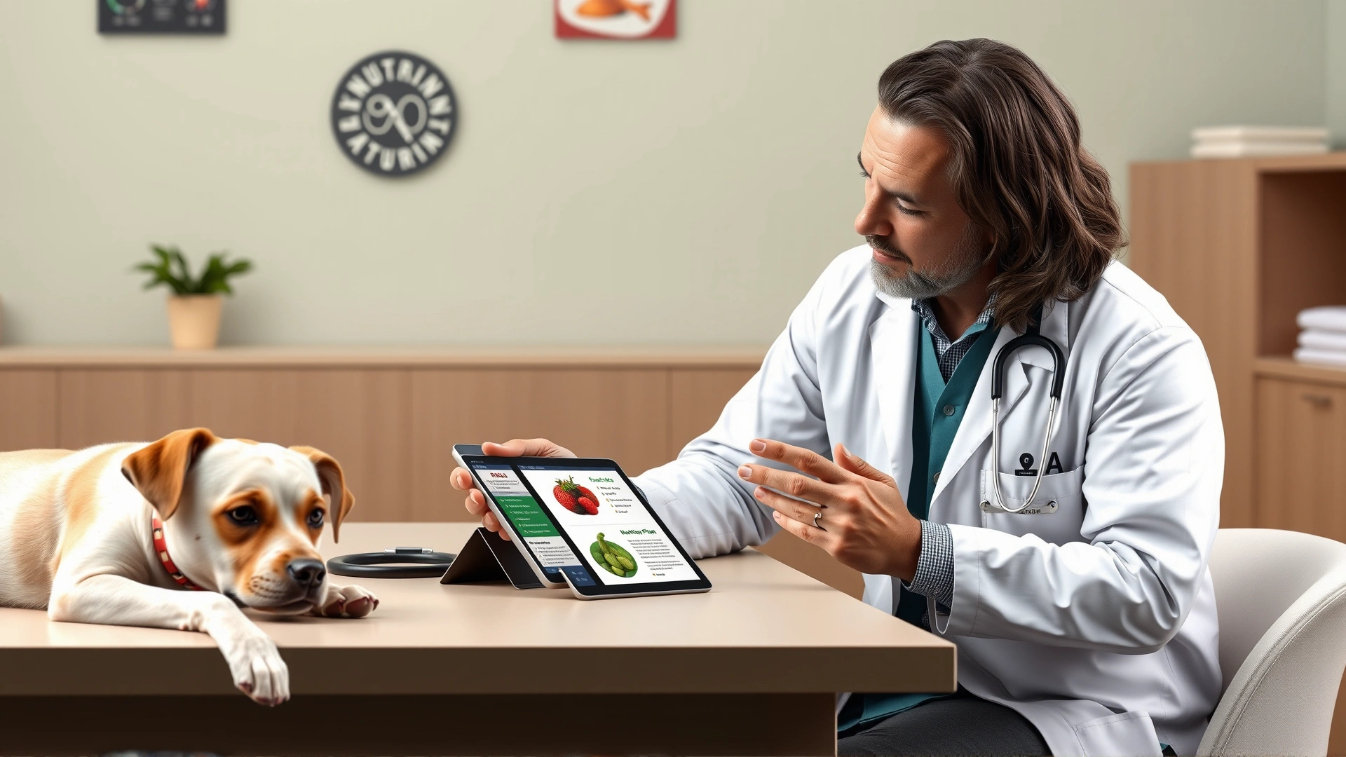 Veterinarian in a white coat sitting at a desk with a dog owner, pointing to a digital tablet displaying a nutrition plan, friendly dog lying nearby.