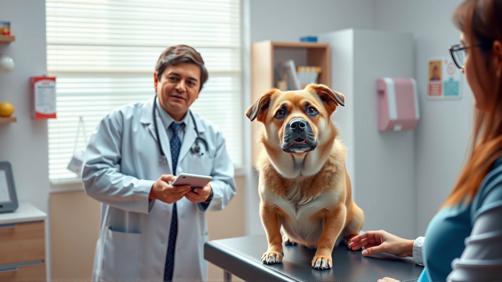 Veterinarian in white coat discussing nutrition with a dog owner while a calm medium-sized dog sits on the exam table, bright clinic setting, realistic photo.