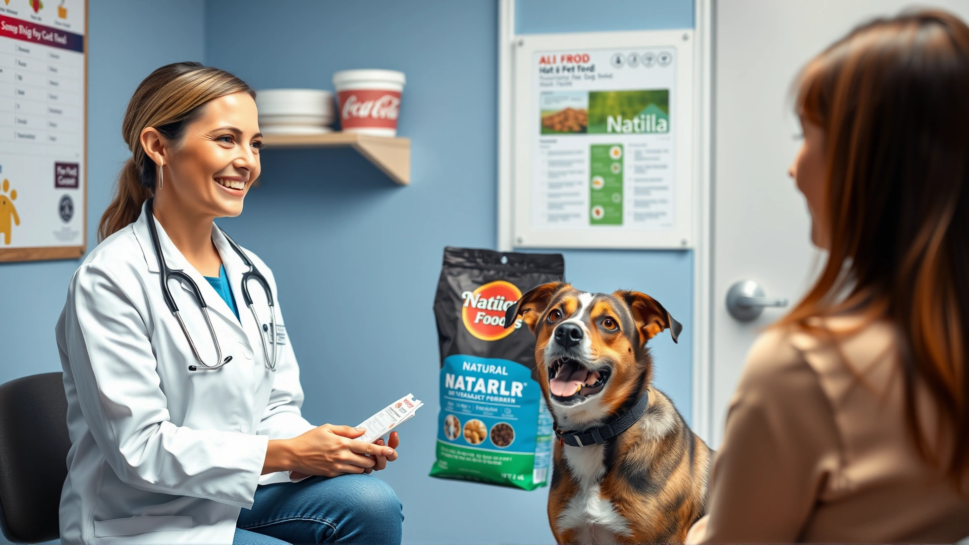 A female veterinarian in a white coat smiling while discussing a bag of natural dog food with a pet parent and their dog in an exam room