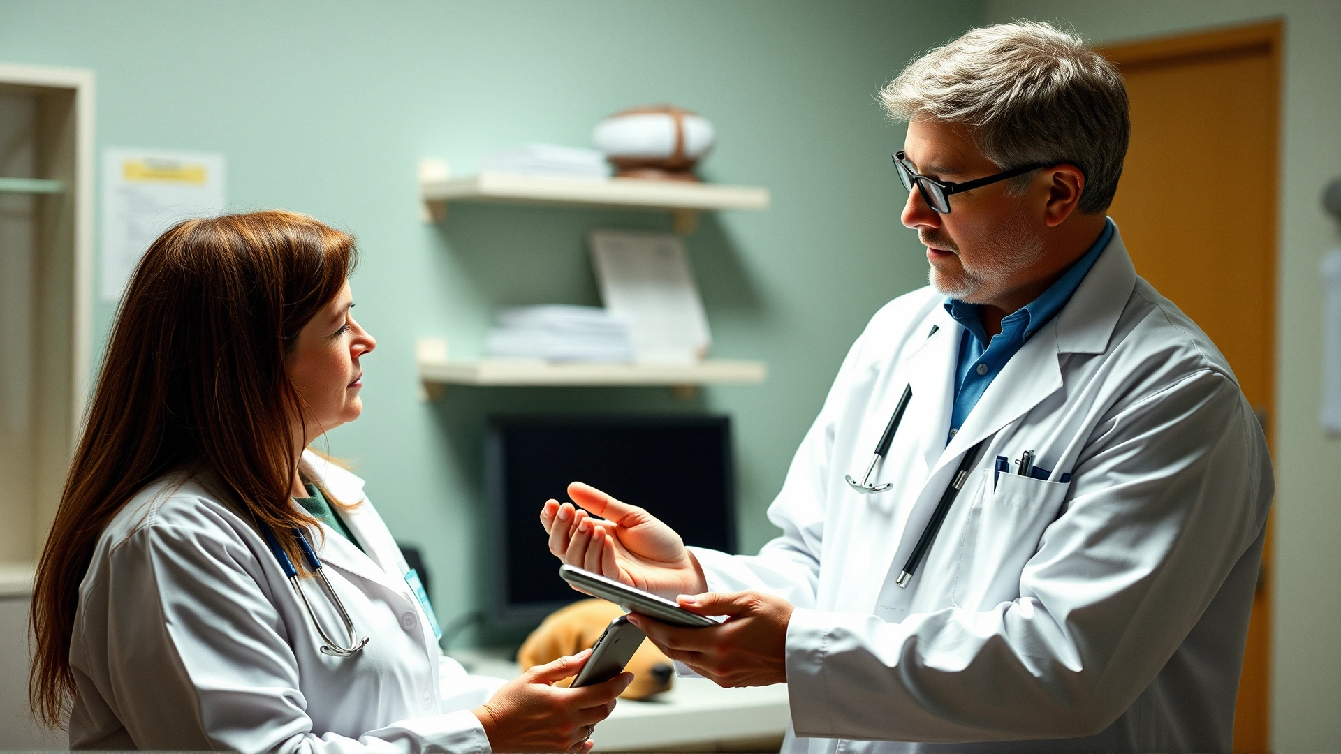 Veterinarian in white coat discussing flea control with pet owner while holding a tablet device, medium shot, clinic setting.