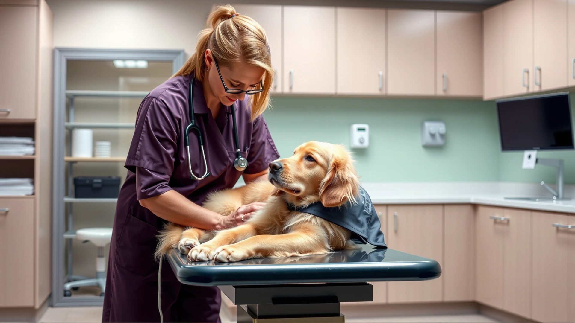 Veterinarian in a bright modern clinic gently examining a calm golden retriever on an examination table, focus on interaction, no visible text.
