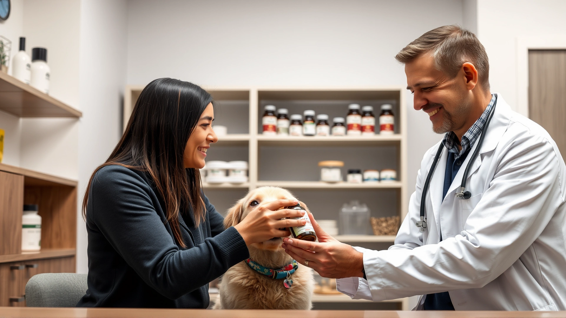Smiling veterinarian in white coat discussing a supplement bottle with a dog owner in a modern clinic, both looking at the product label