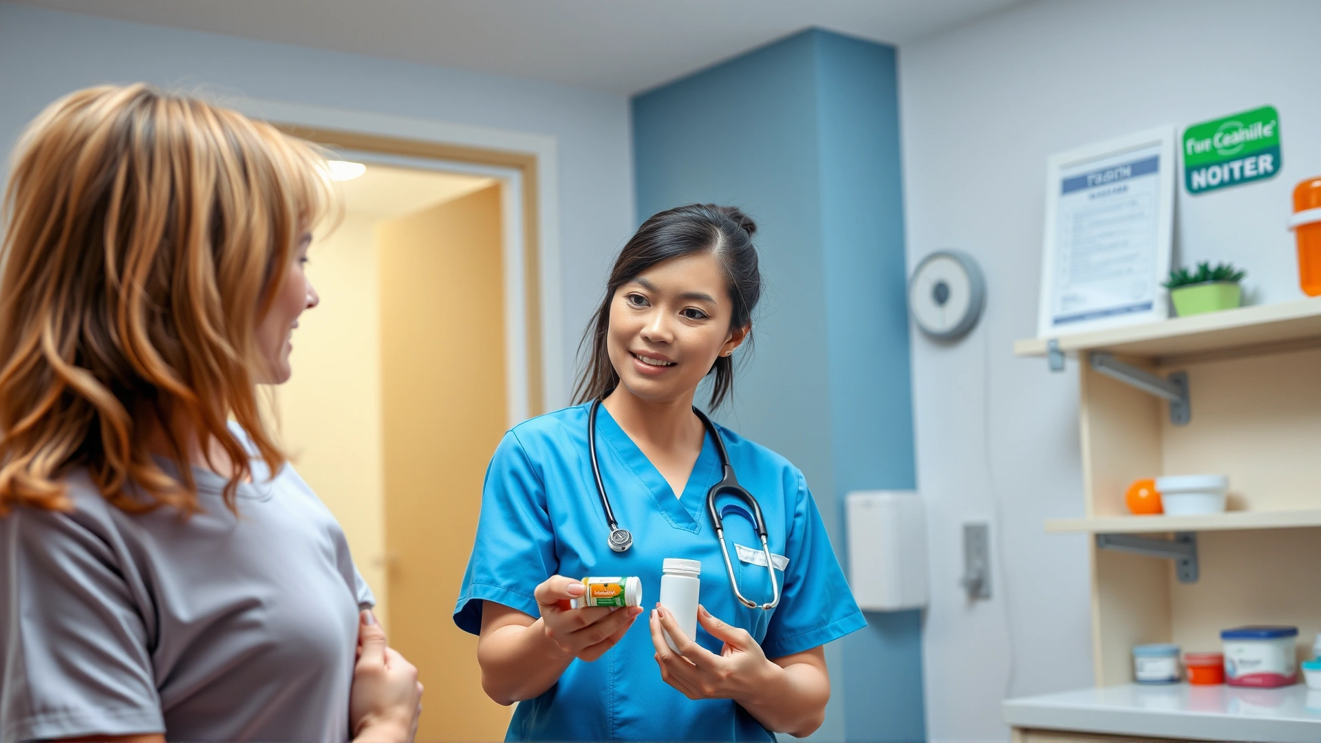 Female veterinarian discussing dosage with a dog owner while holding a pill bottle; friendly clinic environment.