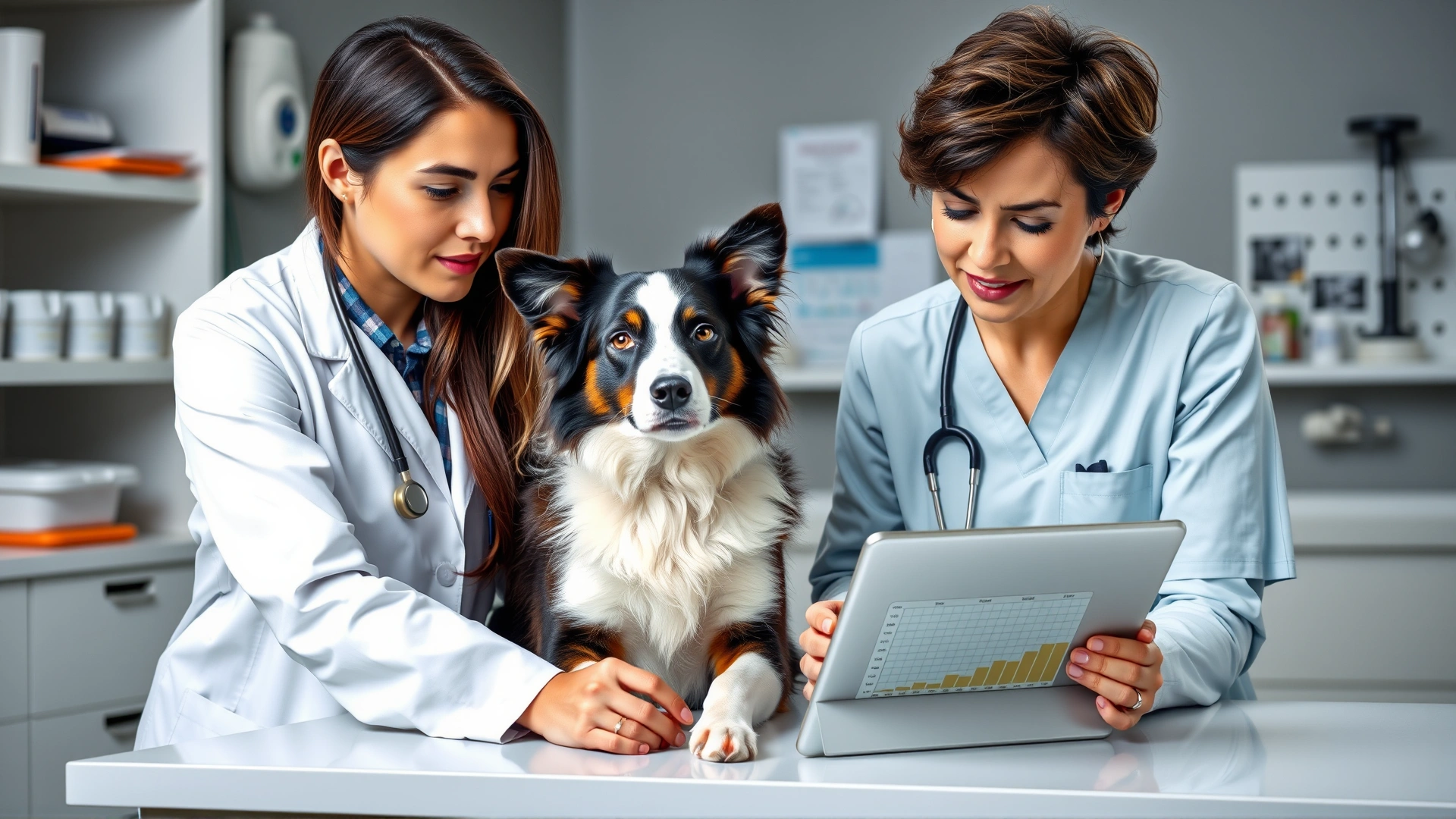 Veterinarian wearing a white coat gently discussing with a pet owner while pointing to a tablet chart on a counter; a calm border collie sits between them, clinic backdrop with medical equipment.