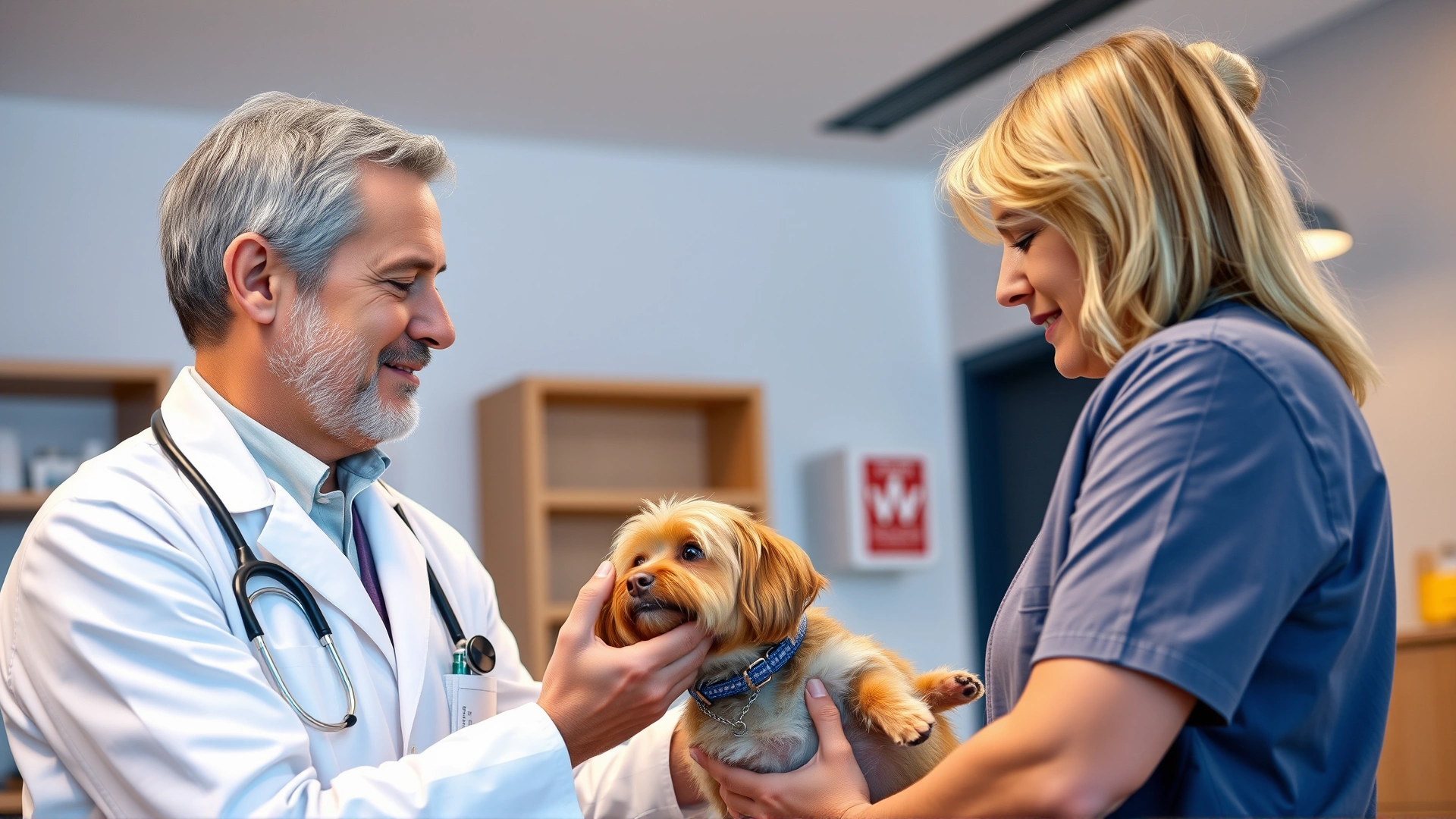 Veterinarian in a white coat discussing medication with a pet owner while gently holding a small dog; modern clinic interior, warm lighting