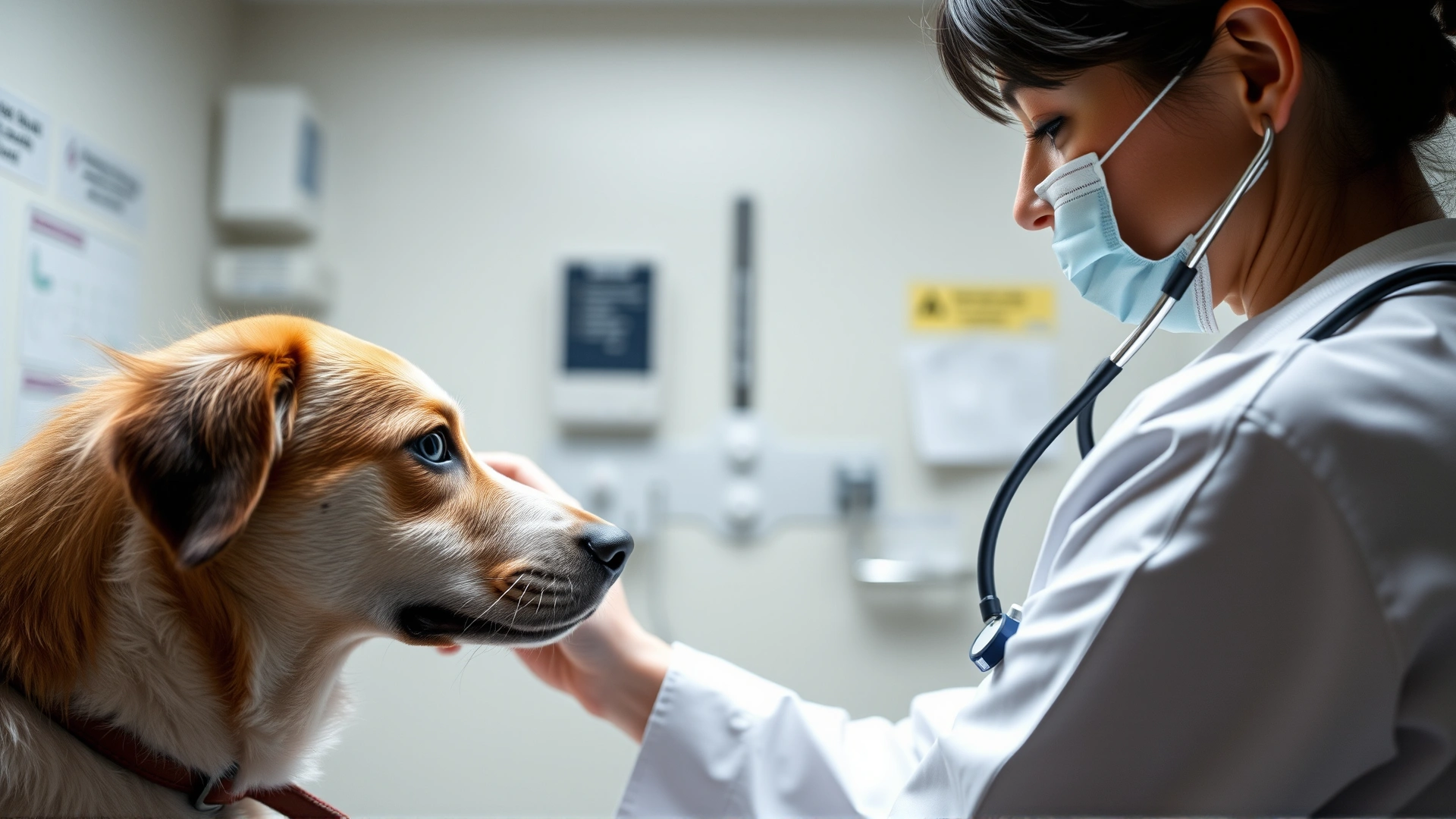Veterinarian examining a dog in a clinic, stethoscope visible.