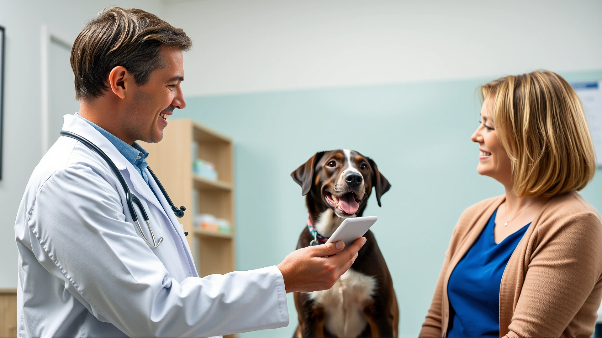 Friendly veterinarian wearing white coat explaining medication instructions to a pet owner while holding a tablet of Drontal in a bright clinic room.
