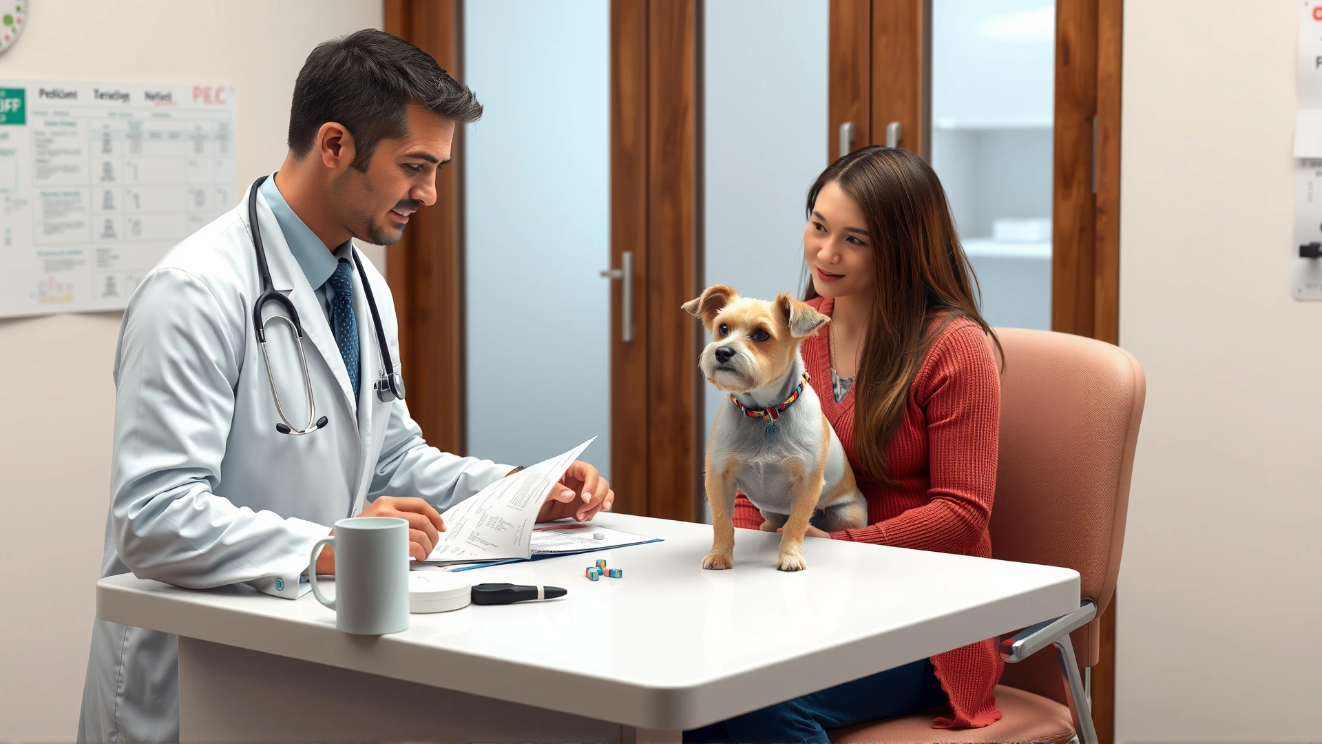 Veterinarian sitting at a desk explaining medication instructions to a pet owner while a small dog sits on the owner’s lap