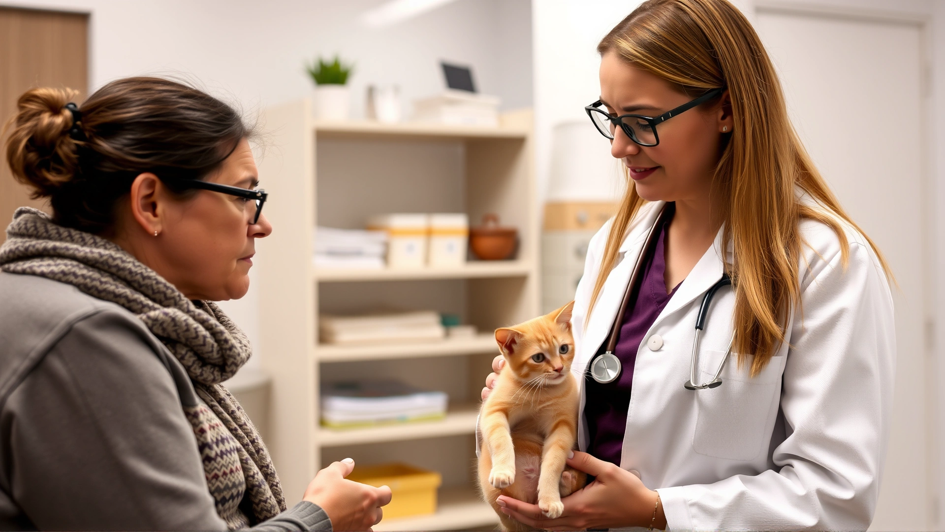 Female veterinarian wearing white coat discussing flea prevention with a pet owner while holding a small cat in a modern clinic, no text