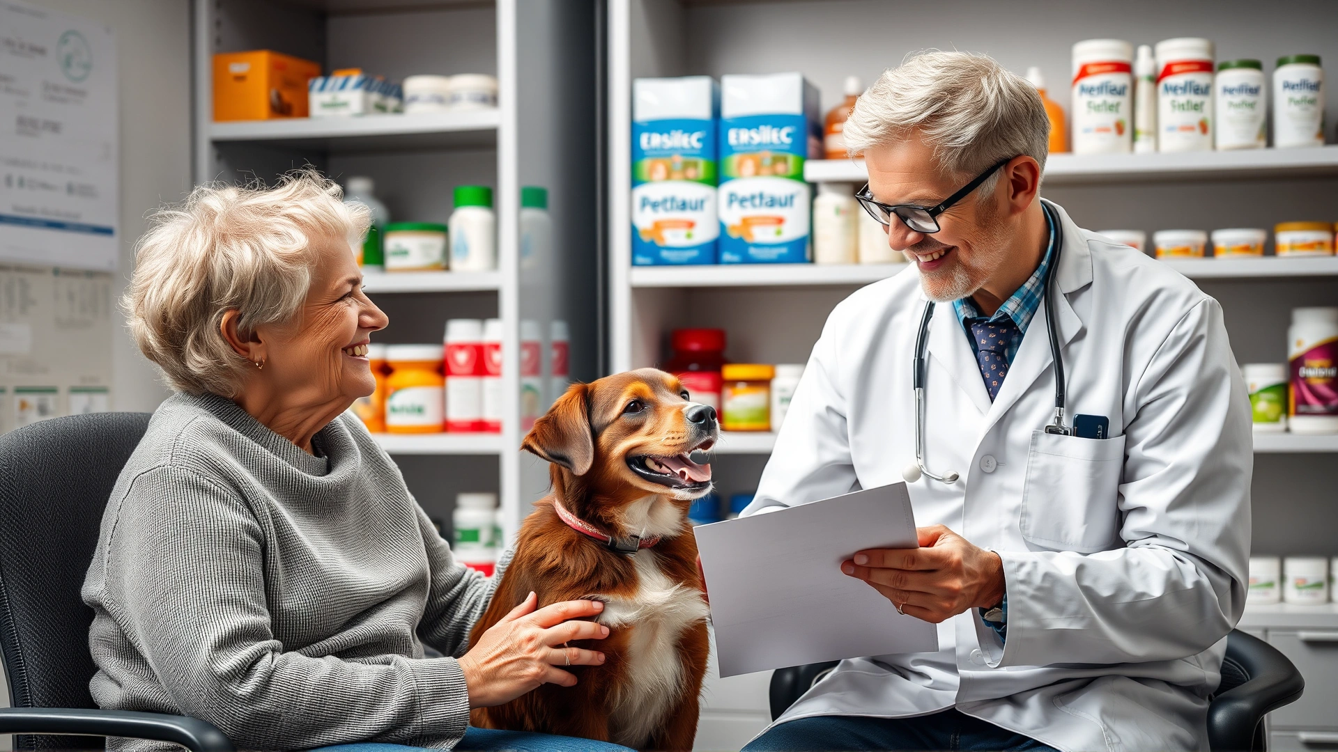 Pet owner discussing medication plan with veterinarian in a consultation room; both smiling, shelves with pet health products in background