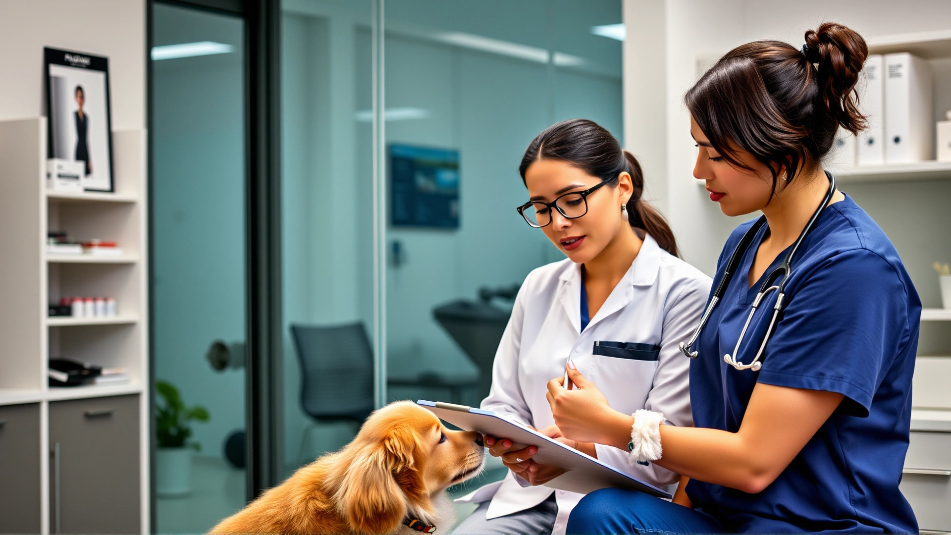 Pet owner discussing medication options with a veterinarian inside a modern clinic office, both looking at a clipboard.