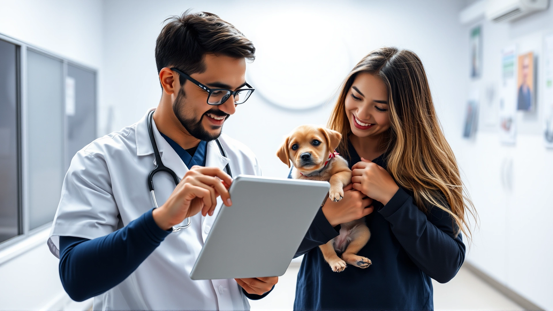 Veterinarian in clinic examining a tablet screen while speaking with a pet owner holding a small dog, friendly atmosphere, bright lighting, high-resolution
