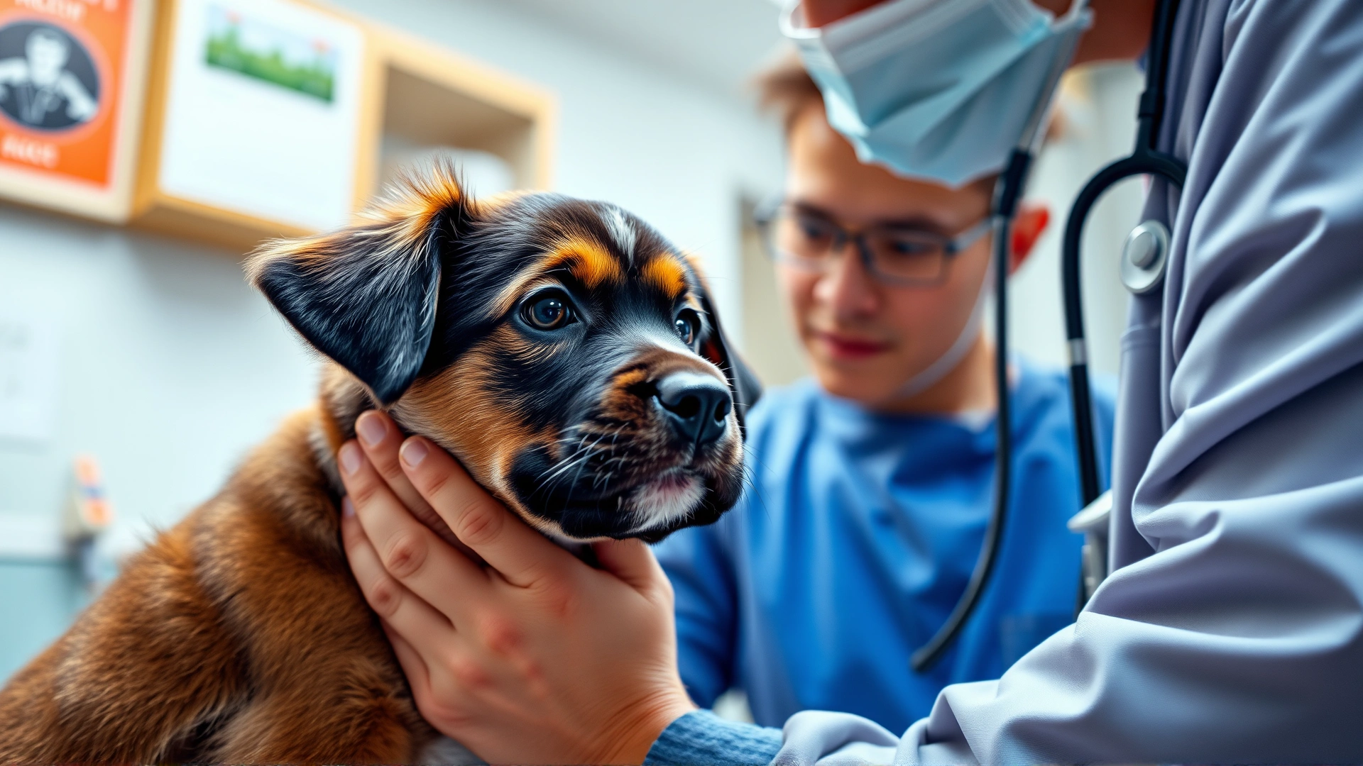 Concerned puppy being gently examined by a veterinarian wearing a stethoscope in a well-lit clinic
