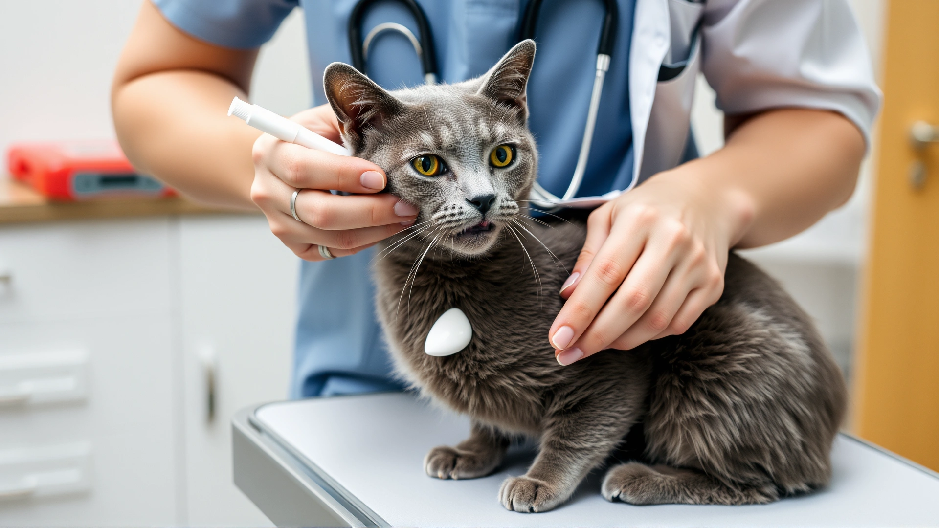 Female veterinarian gently administering oral paste to a cooperative gray cat on an examination table