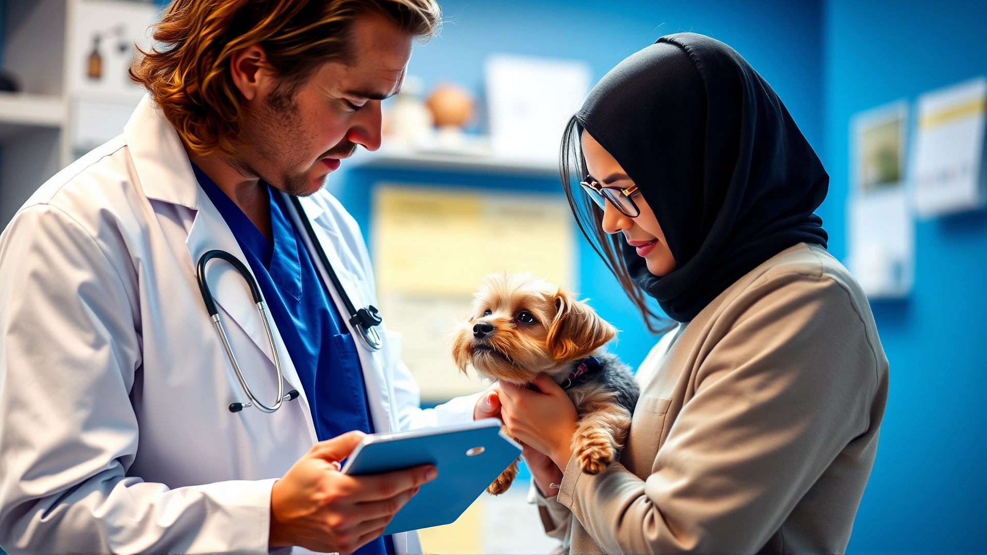 Veterinarian in a white coat gently explaining medication instructions to a pet owner holding a small dog, clinic setting