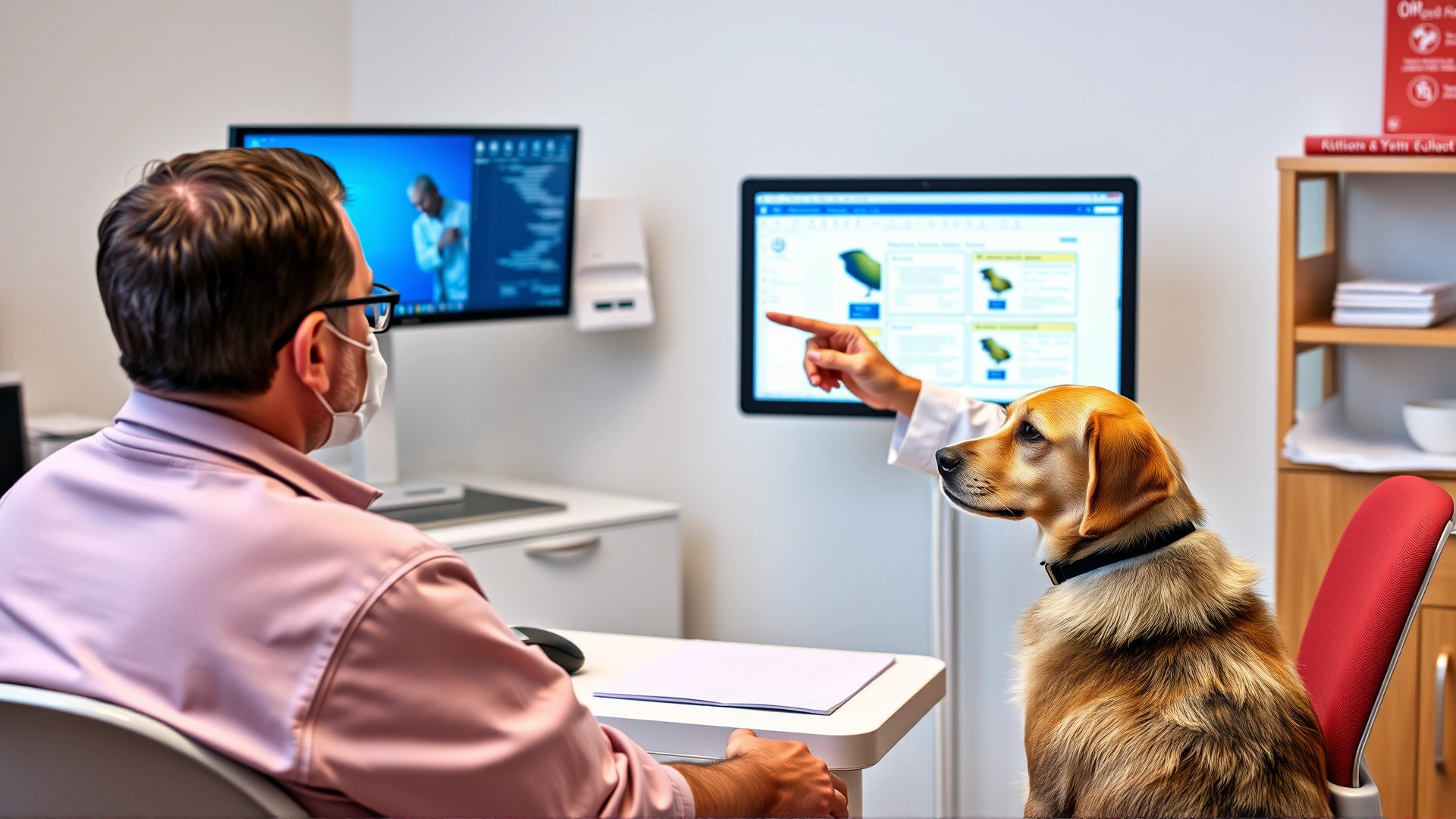 Pet owner sitting across from a veterinarian discussing treatment plans while the veterinarian points at a computer screen, a calm dog sitting beside the owner