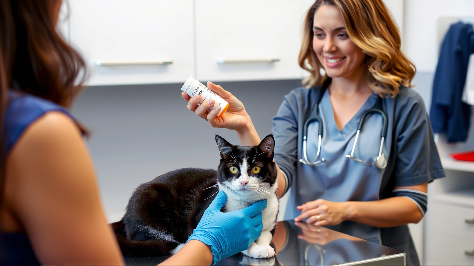 Female veterinarian holding a prescription bottle while discussing medication instructions with a pet parent; a relaxed tuxedo cat sits on the exam table