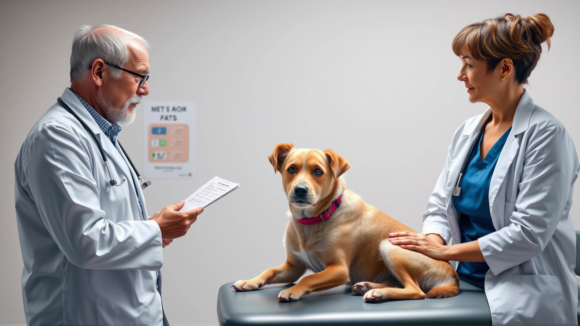 A veterinarian in a white coat discussing blood test results with a pet owner while a medium-sized dog sits on the exam table, bright clinic setting.