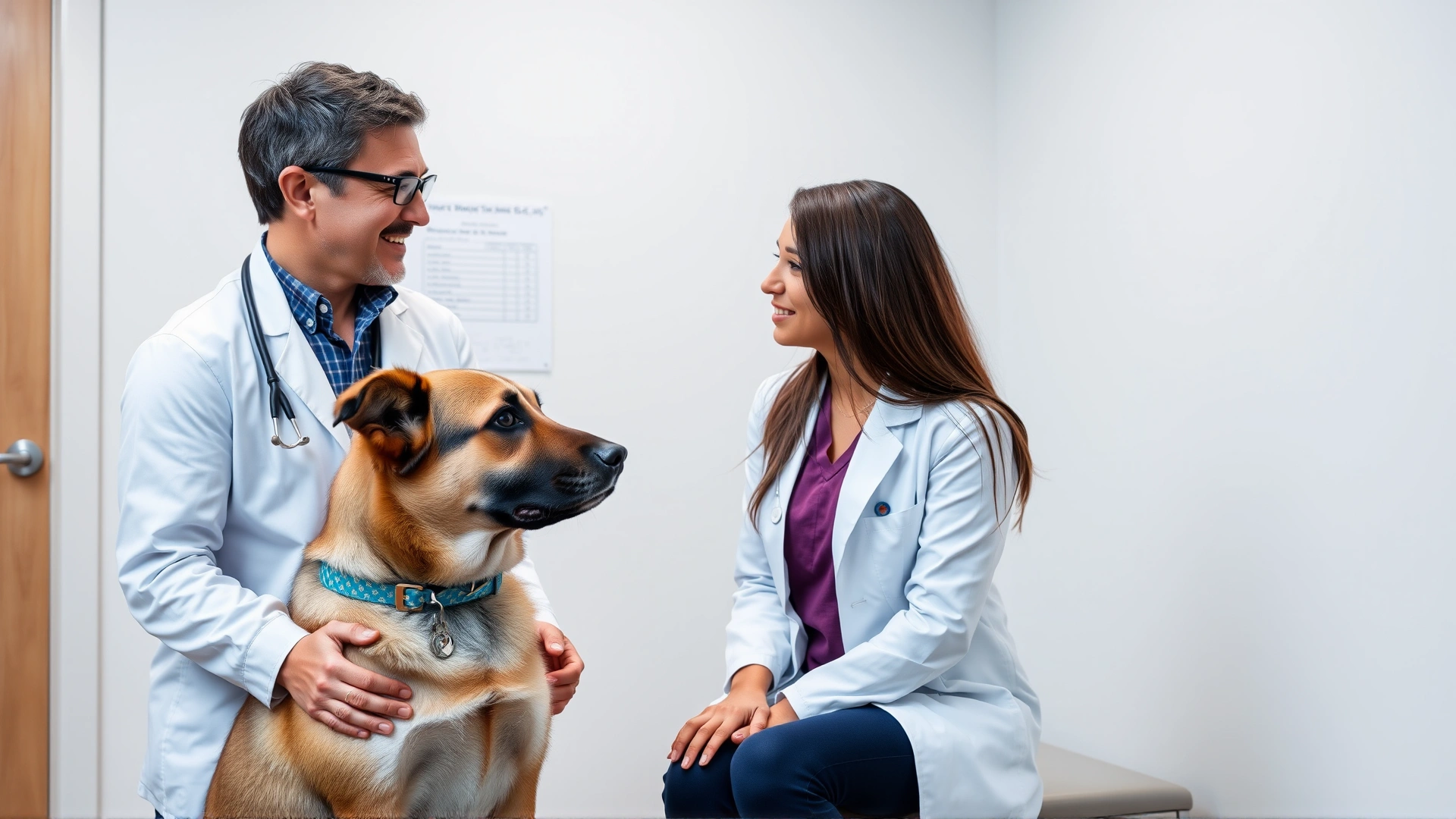 Friendly veterinarian in a white coat discussing treatment options with a couple while their large dog sits calmly beside them in a bright exam room.