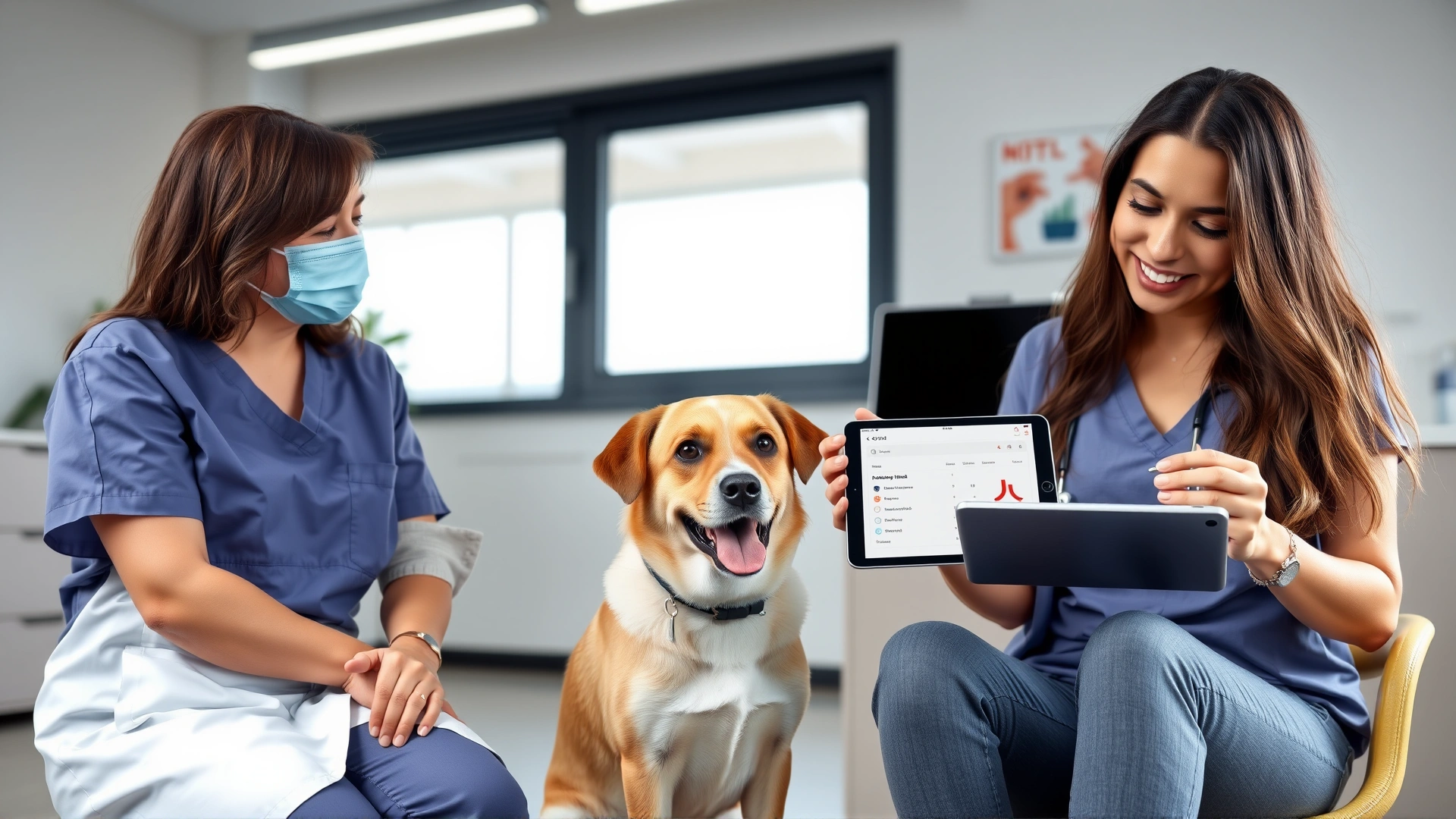 Female veterinarian showing blood test results on a digital tablet to a pet owner while a medium-sized dog sits calmly beside them in a modern clinic office.