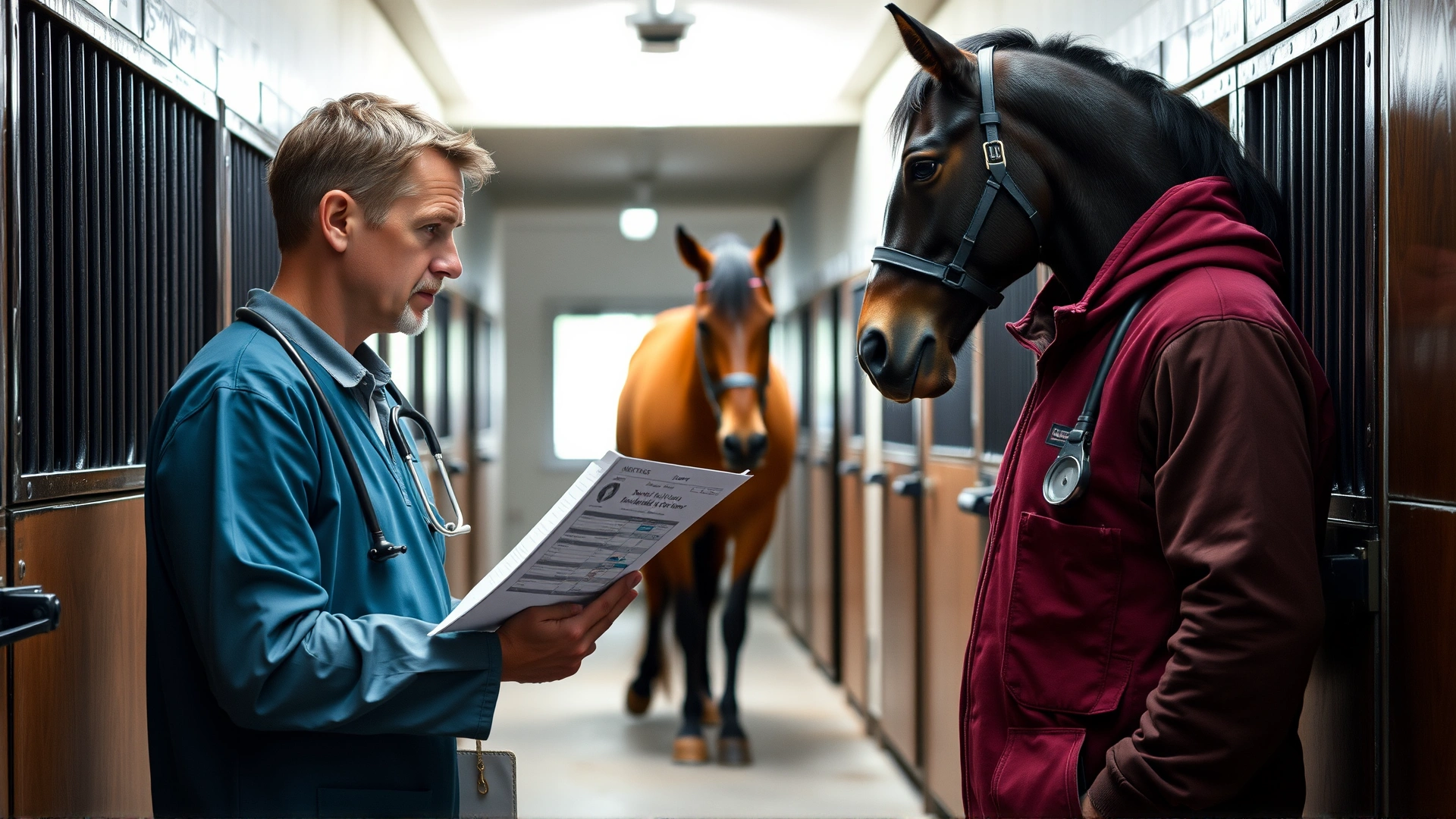 Veterinarian discussing a medical chart with a horse owner in a stable corridor, both appearing engaged and attentive.