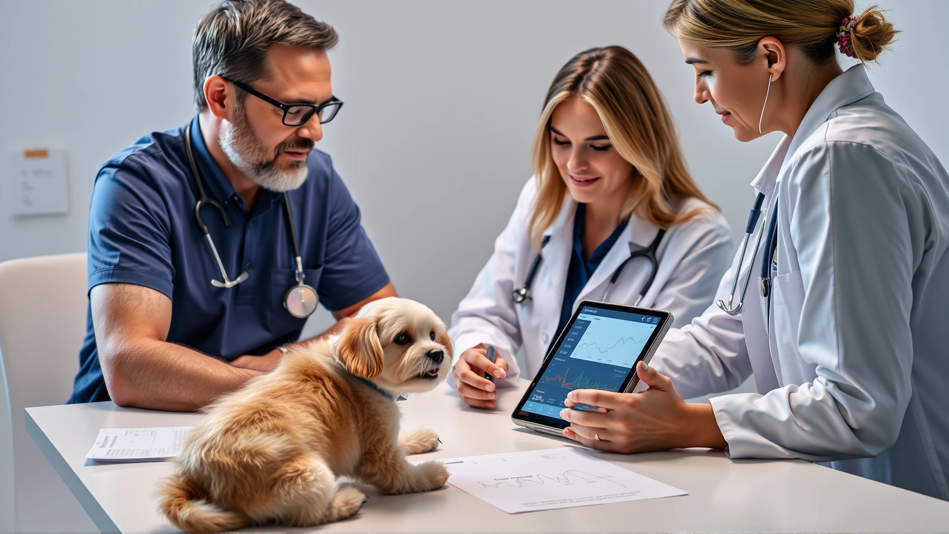 Pet owner talking to a veterinarian across a desk with medical charts, both focusing on a digital tablet displaying pet health data