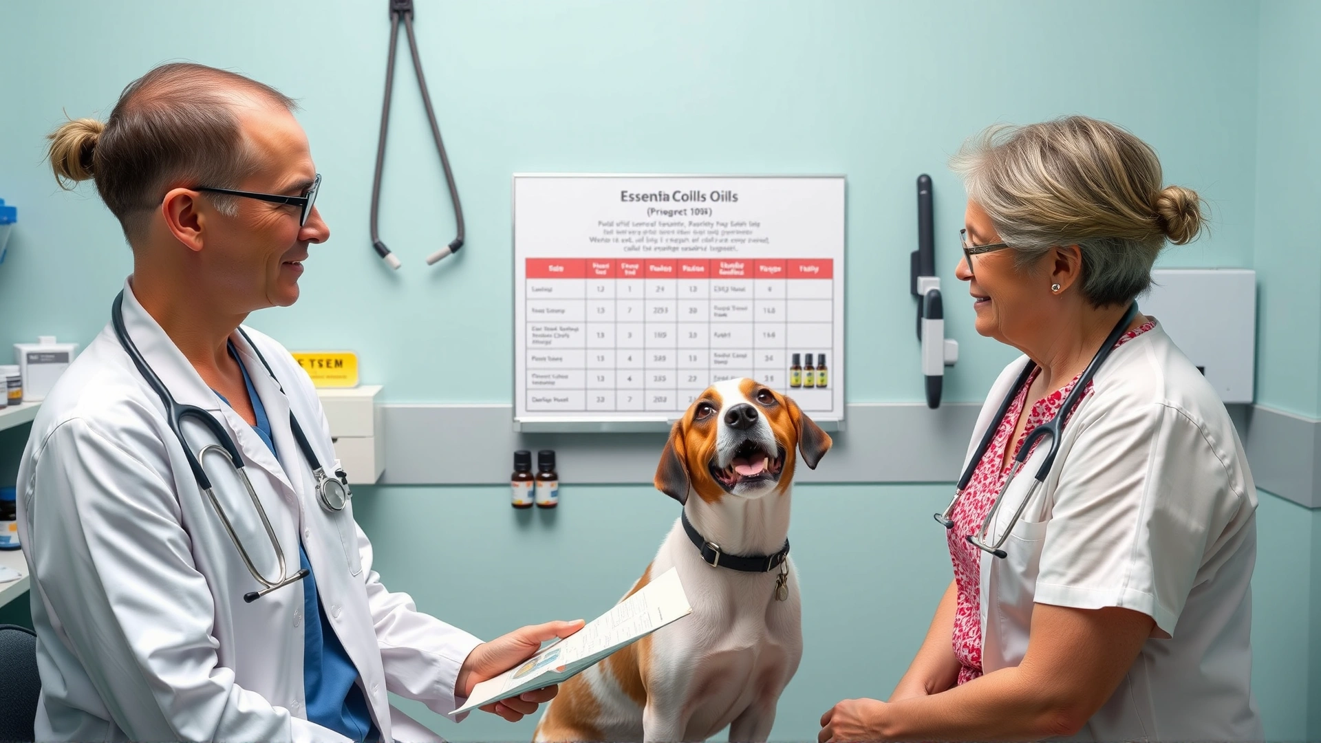 Veterinarian in clinic gently examining a dog while showing owner a chart about essential oils.