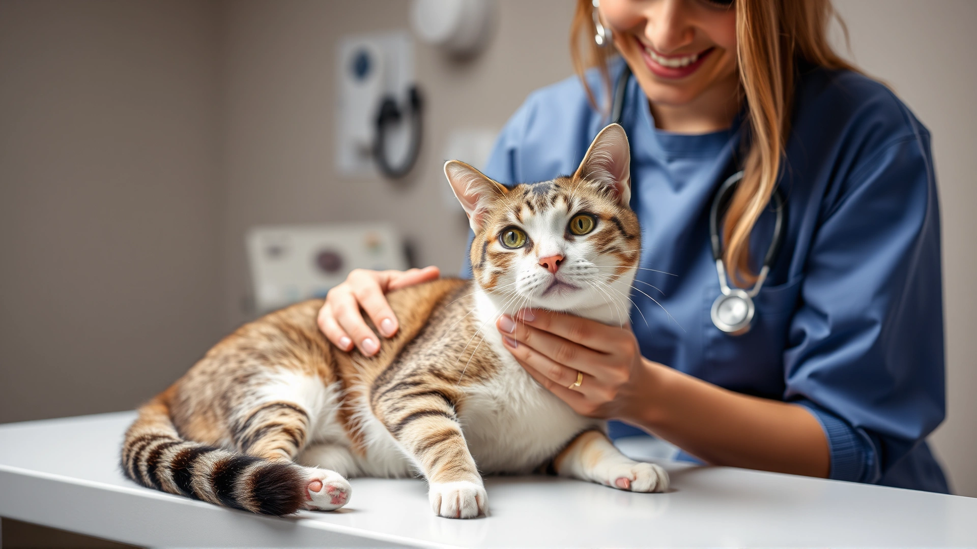 Friendly female veterinarian examining a relaxed adult cat on the exam table, with medical equipment softly blurred in background.